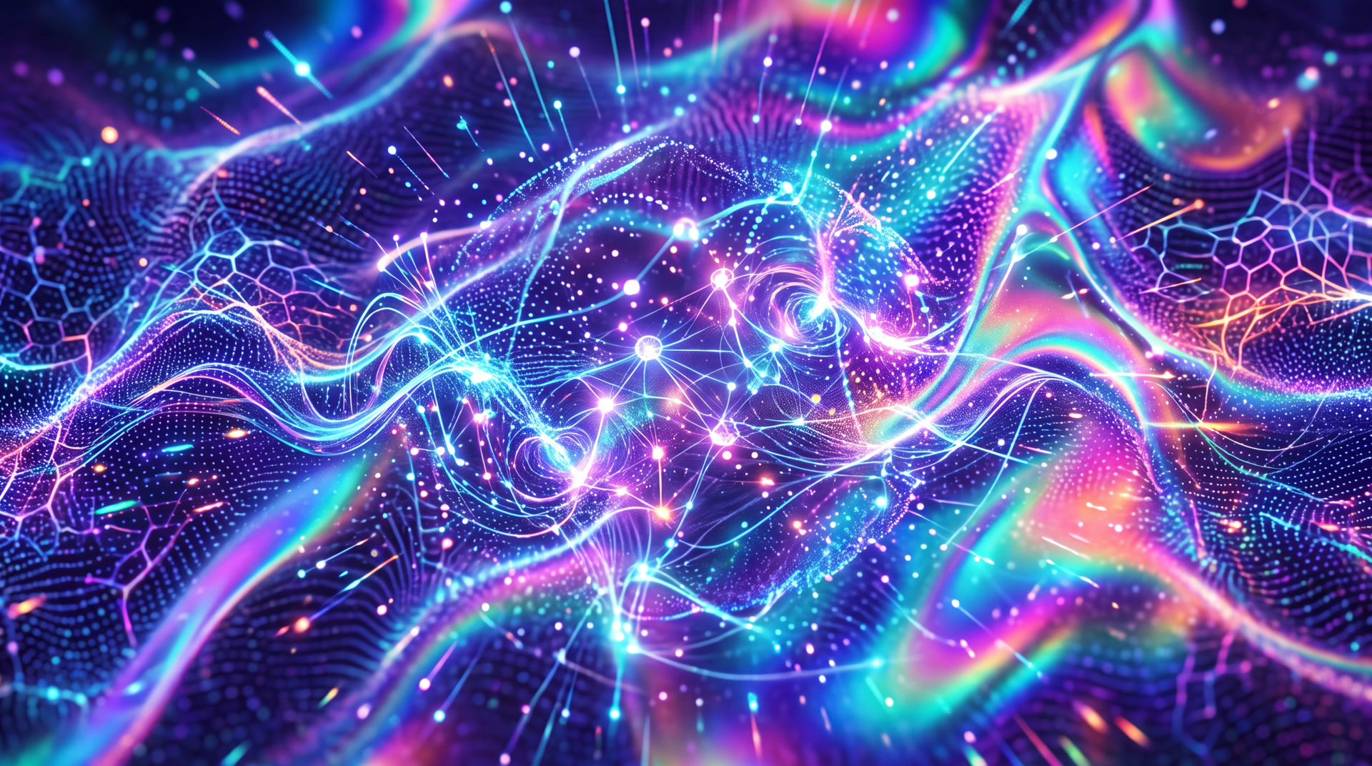 Neon abstract quantum field of glowing nodes and wavy light mesh in vibrant iridescent colors — 5K Ultra HD PC desktop wallpaper background