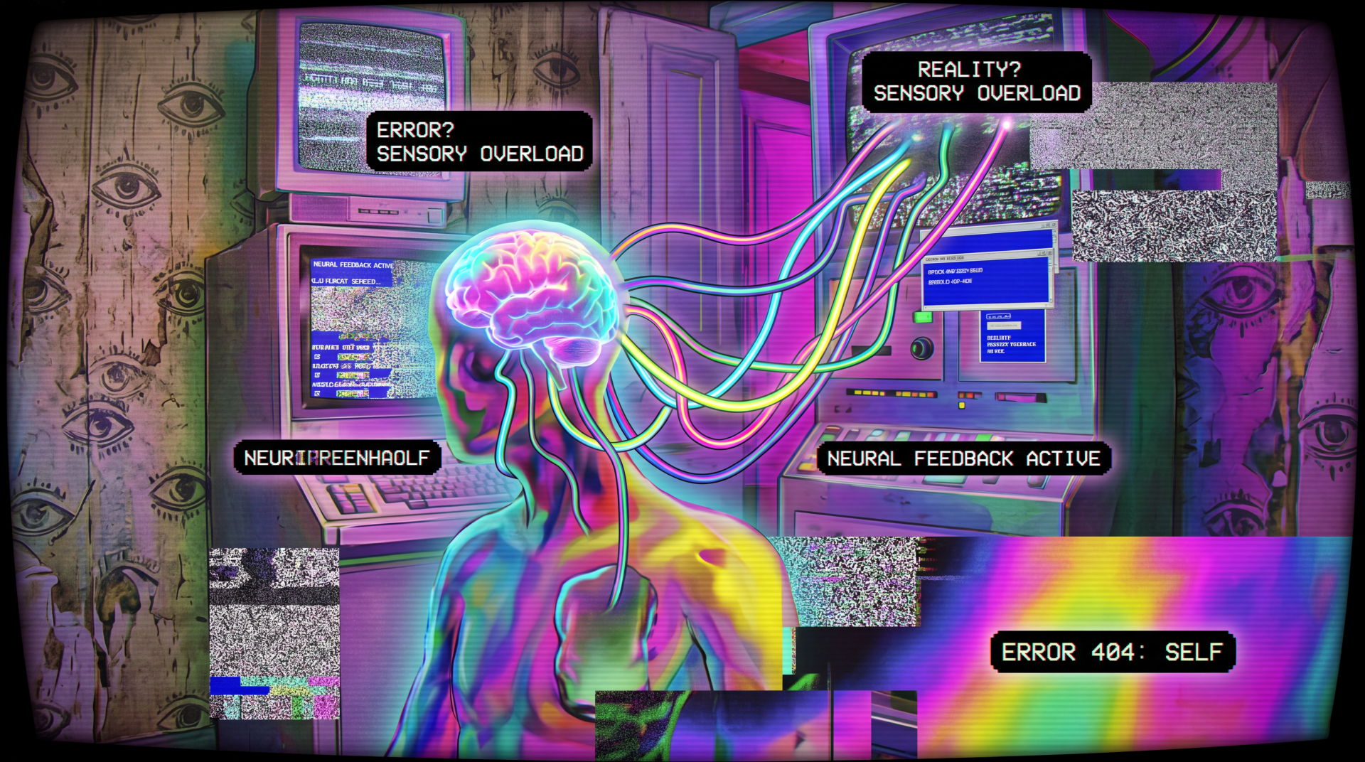 Weirdcore neon glitch 5K Ultra HD PC desktop wallpaper: a human silhouette with glowing brain and rainbow neural cables linked to glitching monitors and error-message overlays.