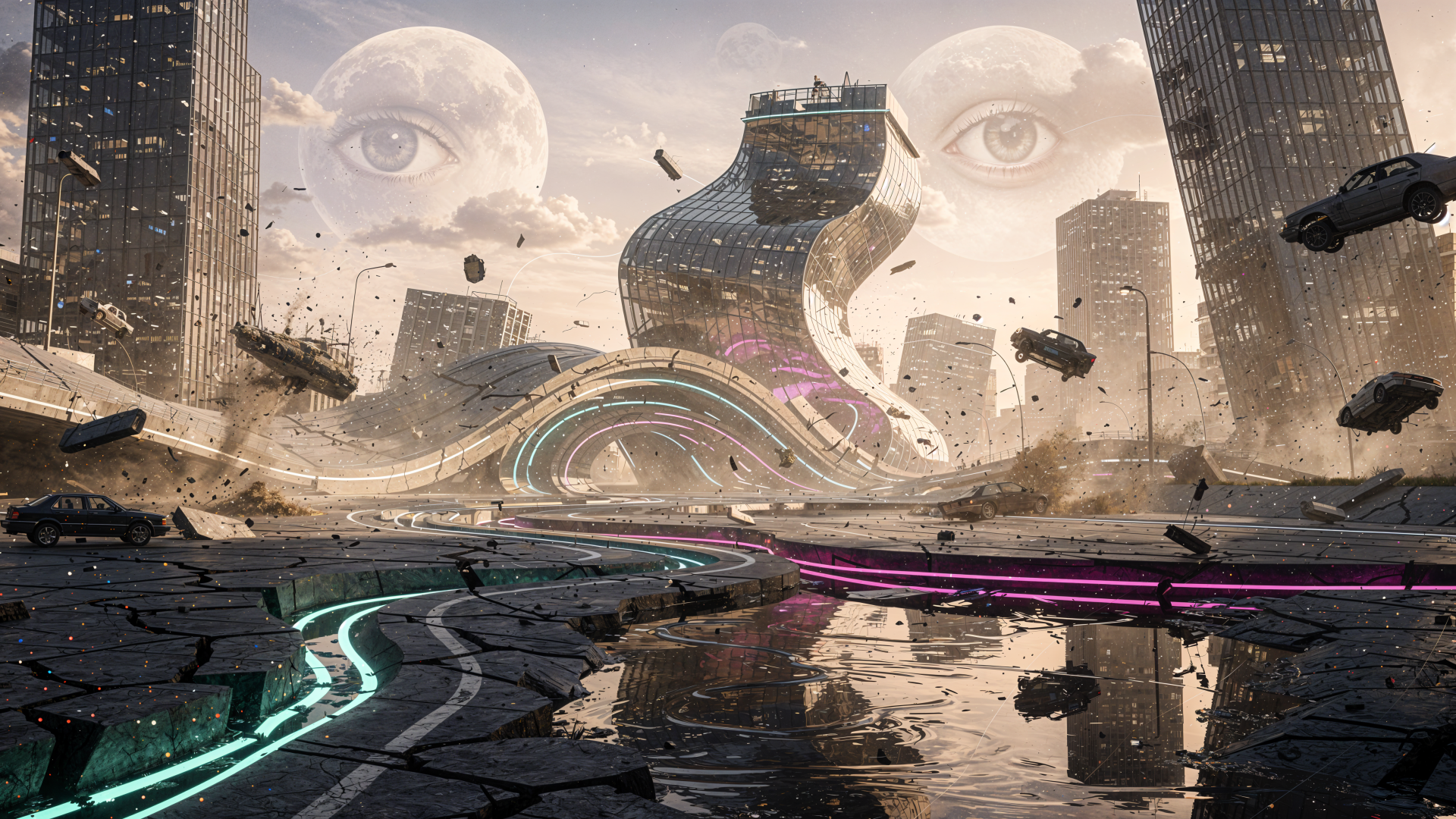 4K Ultra HD PC desktop wallpaper: surreal earthquake-ravaged city with cracked reflective pavement, shattered skyscrapers, floating debris and two giant translucent eyes looming in the sky.