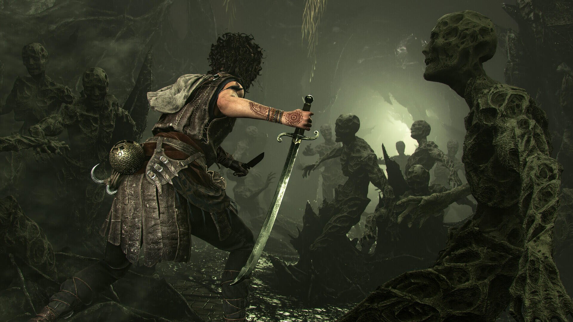 HD PC desktop wallpaper from the video game Resonance: A Plague Tale Legacy — a sword-wielding warrior confronts shadowy figures amid a murky, skeletal cavern.
