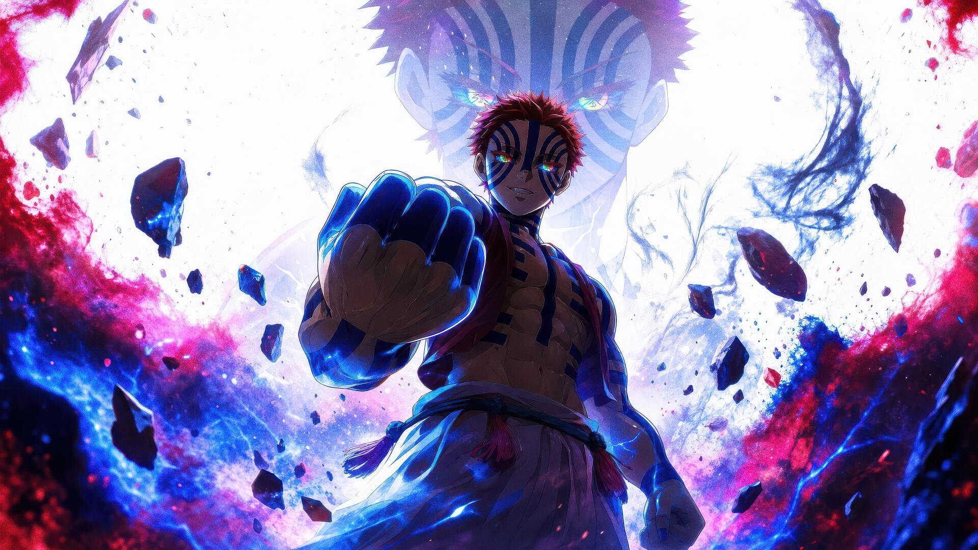 Akaza from Demon Slayer: Kimetsu no Yaiba stands menacingly amid swirling blue and purple energy, fist thrust forward, 4K Ultra HD anime PC desktop wallpaper/background.
