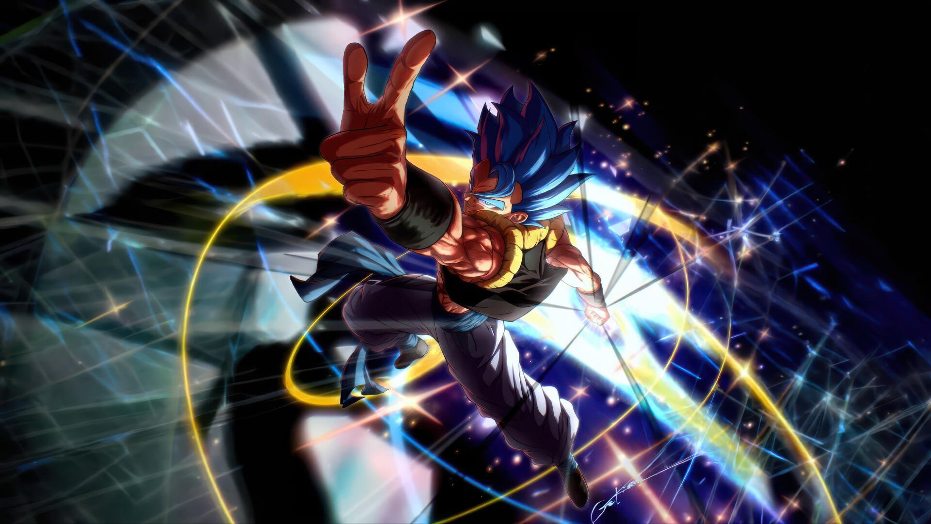 Gogeta (Dragon Ball) anime, blue-haired Super Saiyan striking a dynamic flying pose amid glowing energy arcs and stars — 4K Ultra HD PC desktop wallpaper/background.
