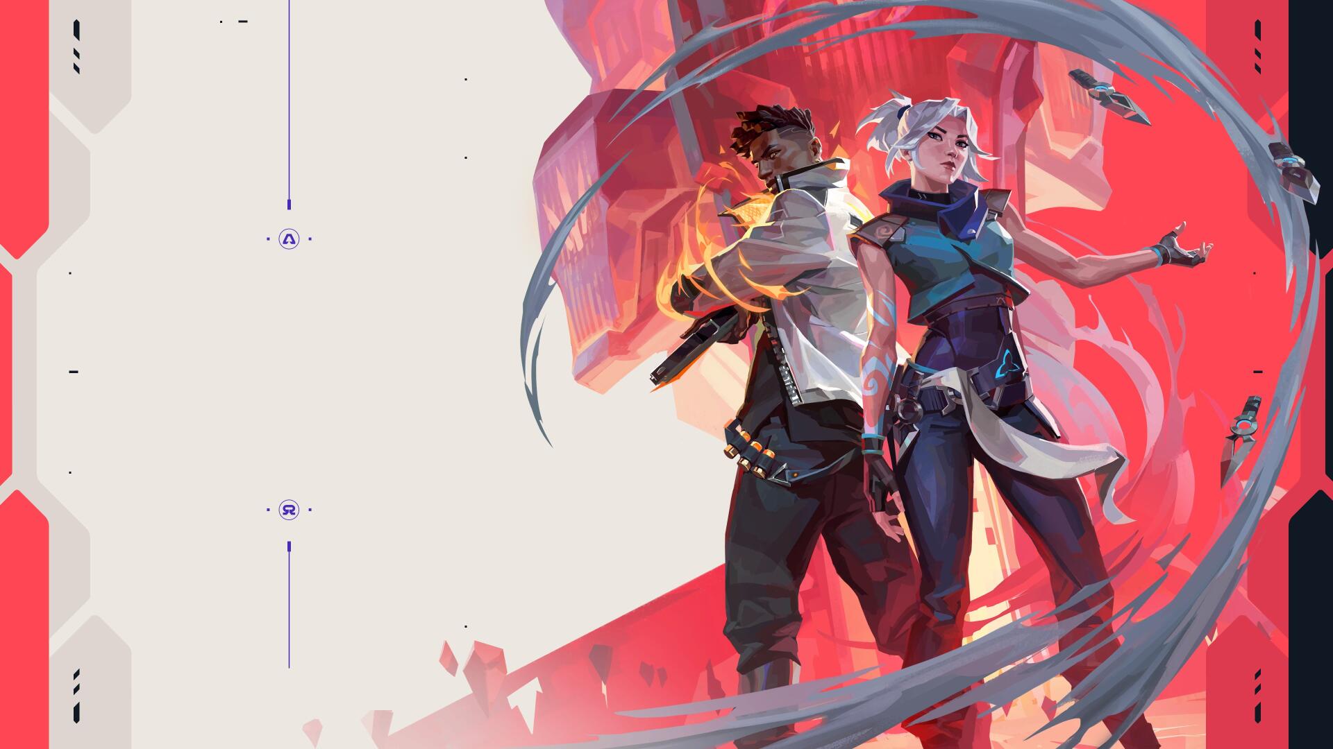 Valorant 4K Ultra HD PC wallpaper featuring Phoenix (Valorant) and Jett (Valorant) standing back-to-back amid red energy swirls and a stylized futuristic backdrop.