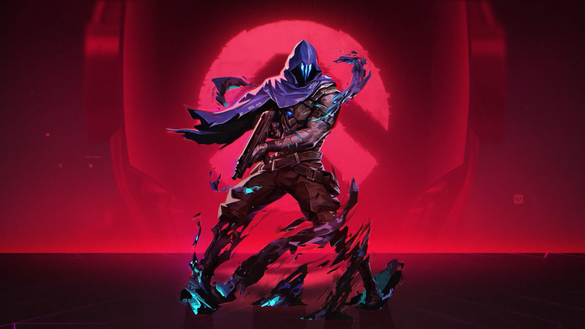 HD PC desktop wallpaper: Valorant's Omen stands shrouded in a tattered purple cloak and teal smoke, silhouetted against a glowing red circular backdrop.