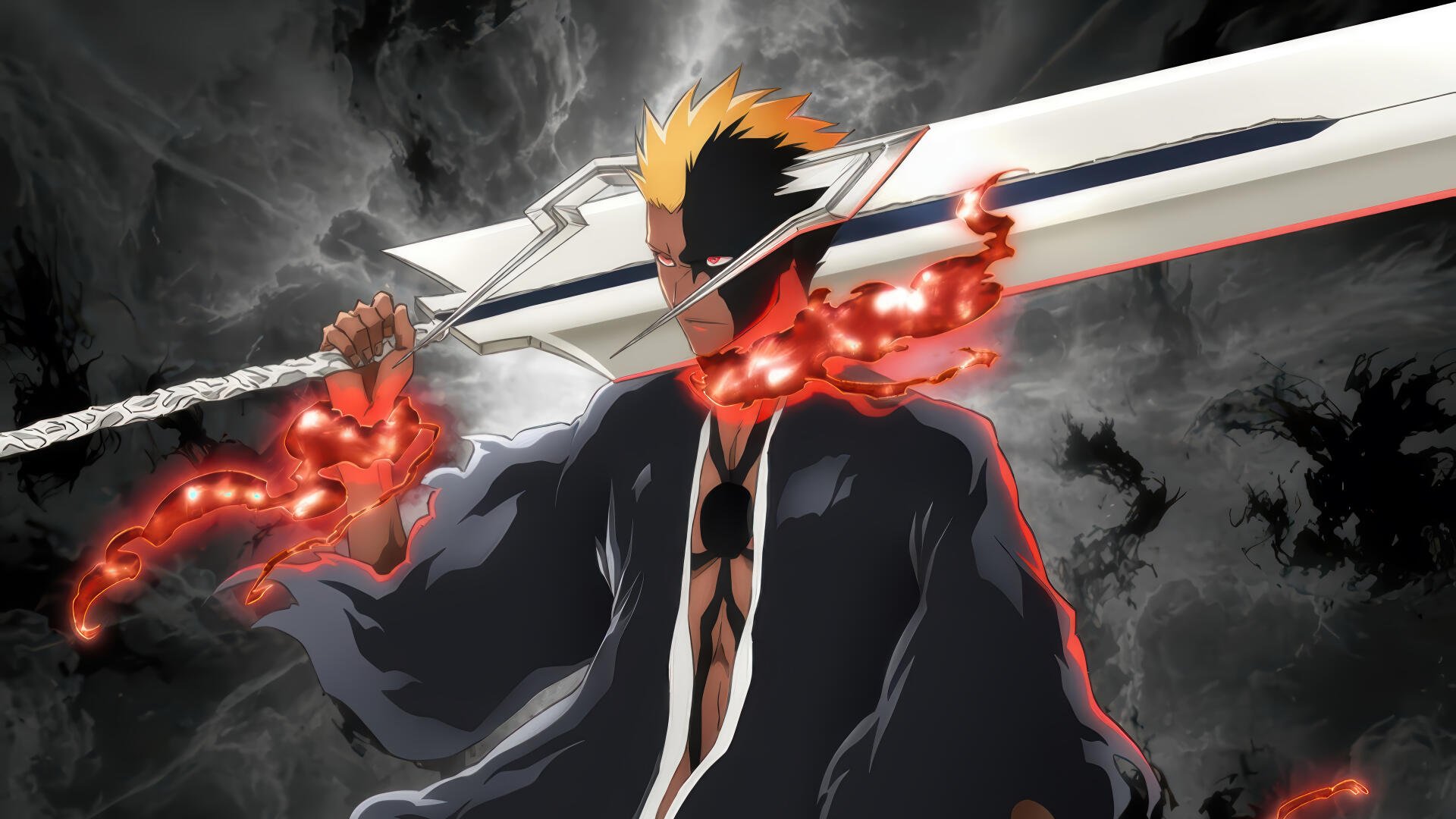 Bleach: Thousand-Year Blood War 4K Ultra HD PC desktop wallpaper — Ichigo in a dark cloak with a half-mask, wielding a colossal sword wrapped in red energy against a stormy sky.