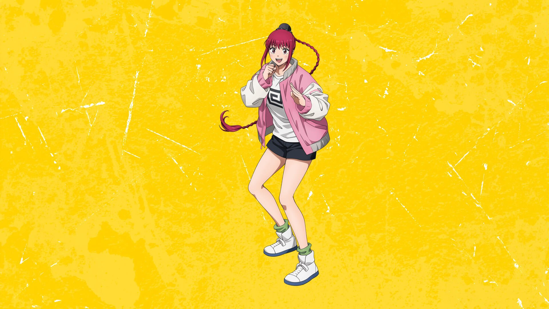 4K Ultra HD PC desktop wallpaper: Sakamoto Days character in a pink jacket with braided hair standing against a textured bright yellow background.