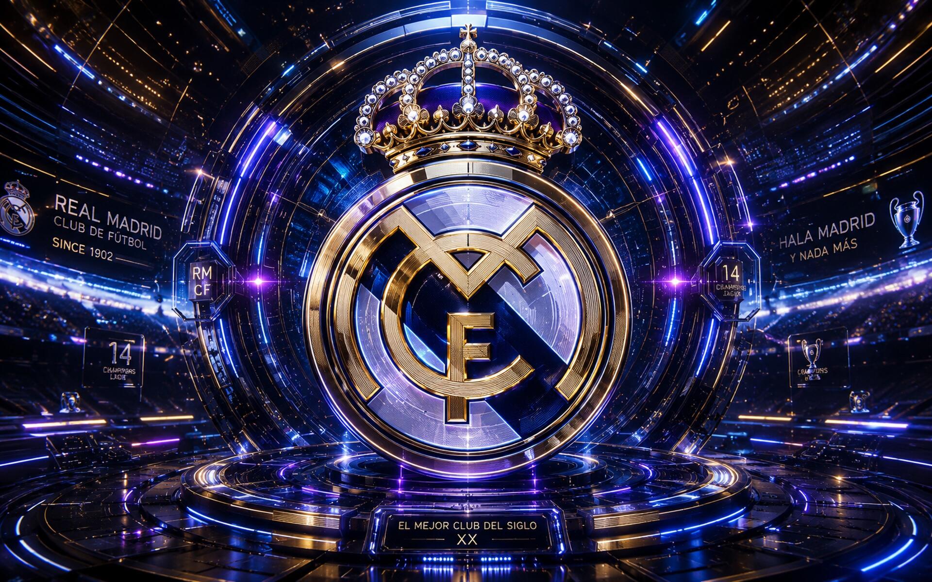 Real Madrid C.F. crest glowing in a neon-futuristic arena, soccer sports 4K Ultra HD PC desktop wallpaper background.