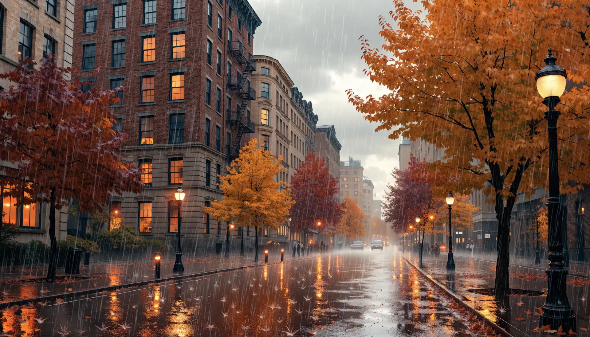 2K Quad HD PC desktop wallpaper: rainy fall/autumn street scene — wet pavement reflecting orange trees, brick buildings and lampposts under steady rain.