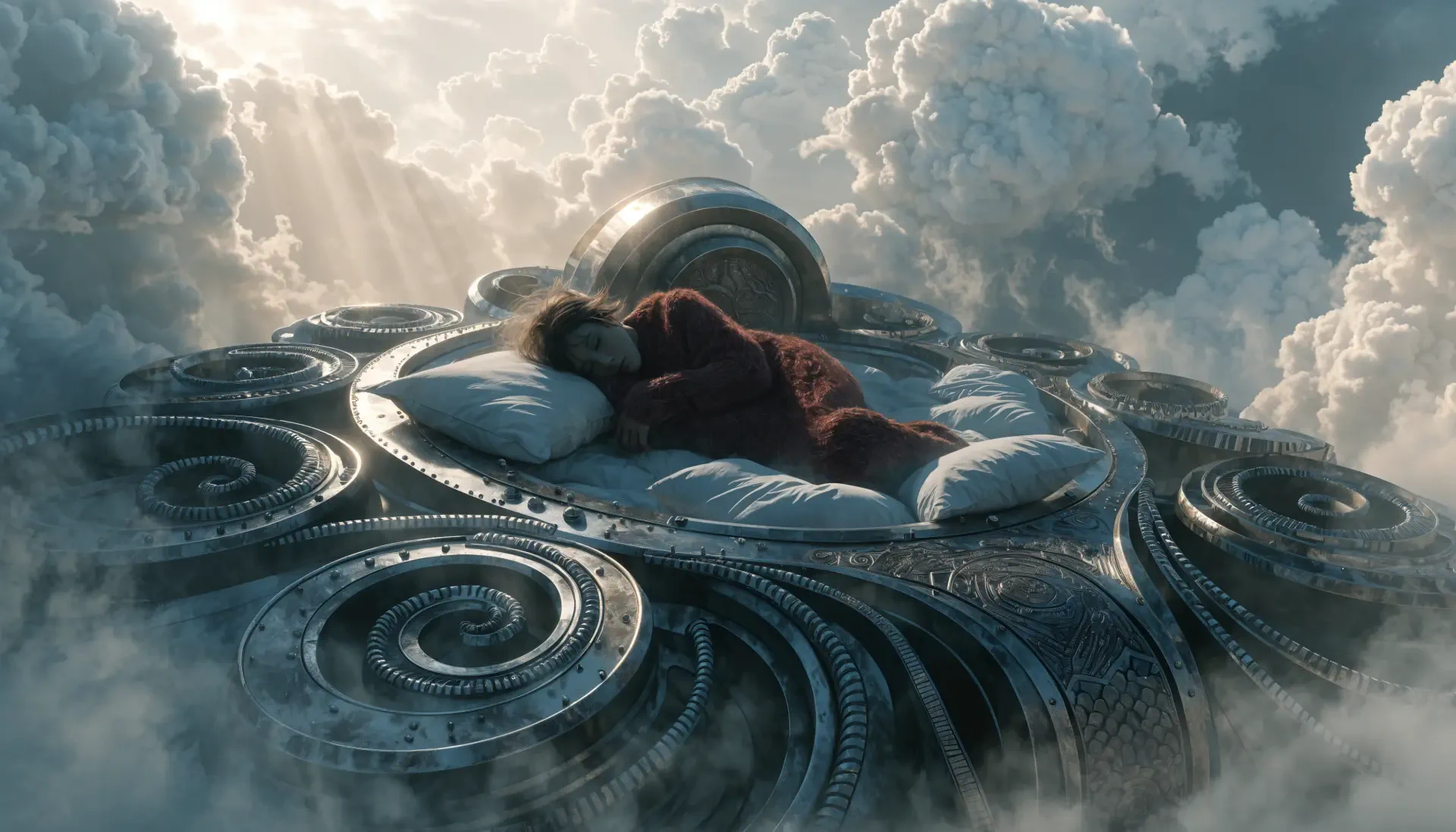 Sleepcore spaceship scene: a sleeping figure curled on a cushioned nest atop a circular starship drifting through sunlit clouds — 4K Ultra HD science fiction PC desktop wallpaper