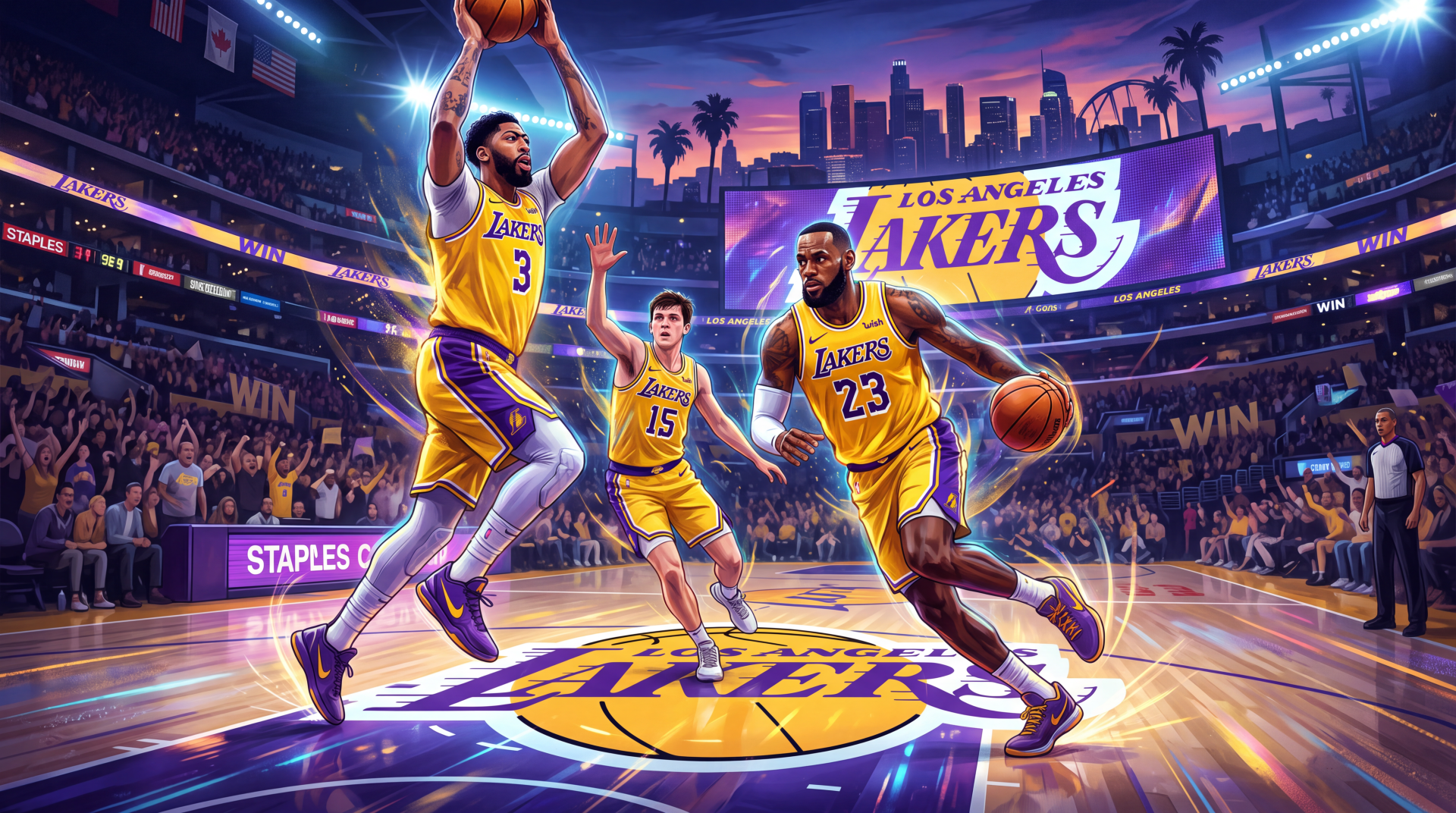 5K Ultra HD PC desktop wallpaper showing three Los Angeles Lakers basketball players in yellow uniforms driving to the hoop in a packed arena.