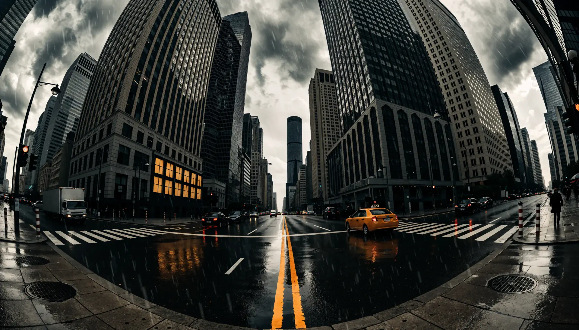 Panorama 4K Ultra HD PC Desktop Wallpaper and Background — fisheye city intersection with wet reflective streets, towering skyscrapers, dramatic clouds and a lone yellow taxi.
