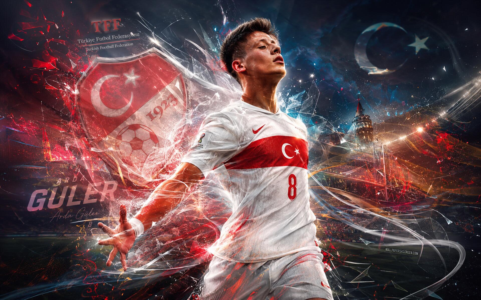 4K Ultra HD desktop wallpaper of a Turkish soccer player in white-and-red national kit (no. 8), striking a triumphant pose amid stadium lights, crescent-star motifs and dynamic motion effects.