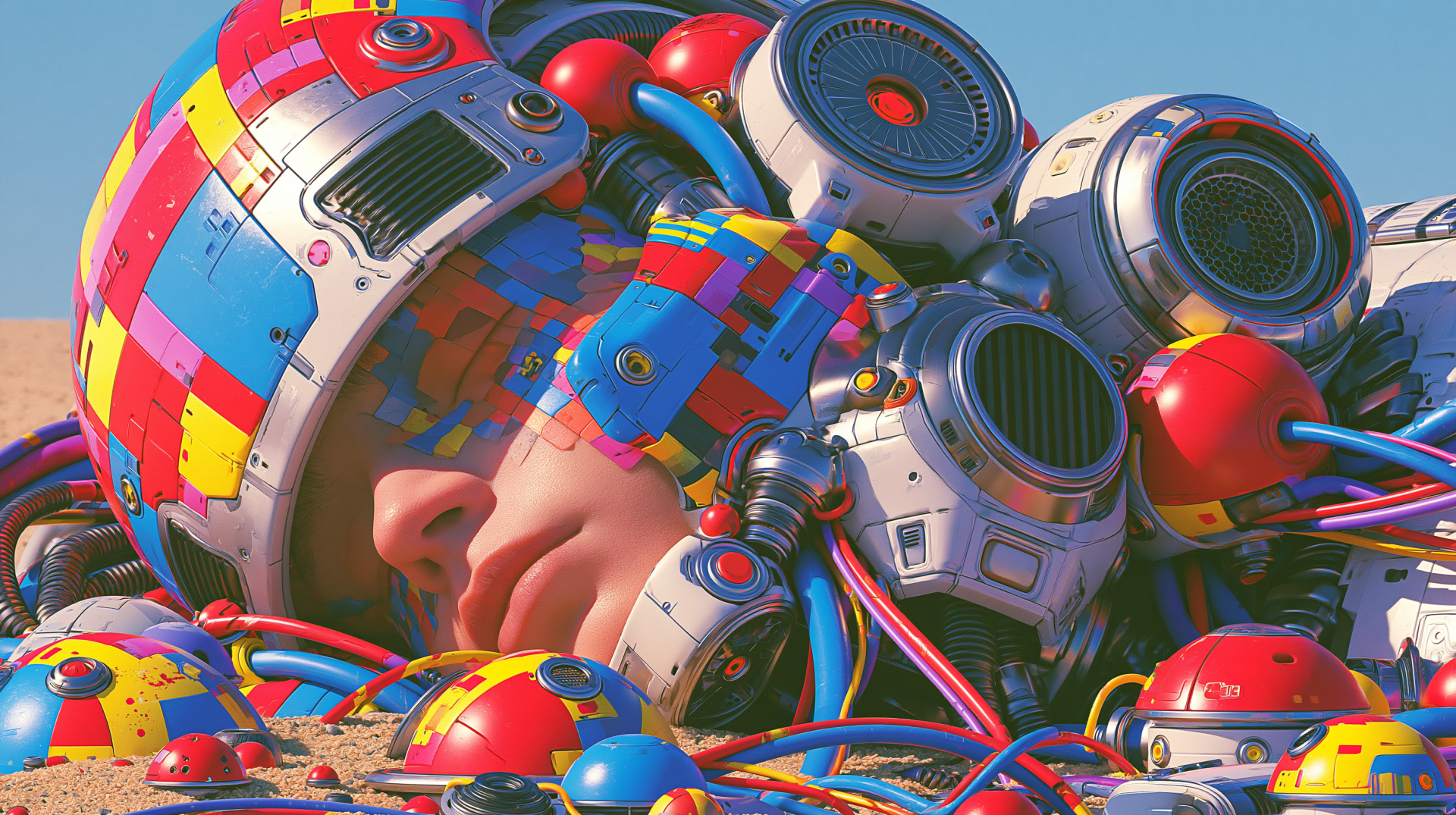 Artistic science fiction helmet and human face entwined with colorful mosaic panels, cables and hovering modules — vibrant 2K Quad HD PC desktop wallpaper.