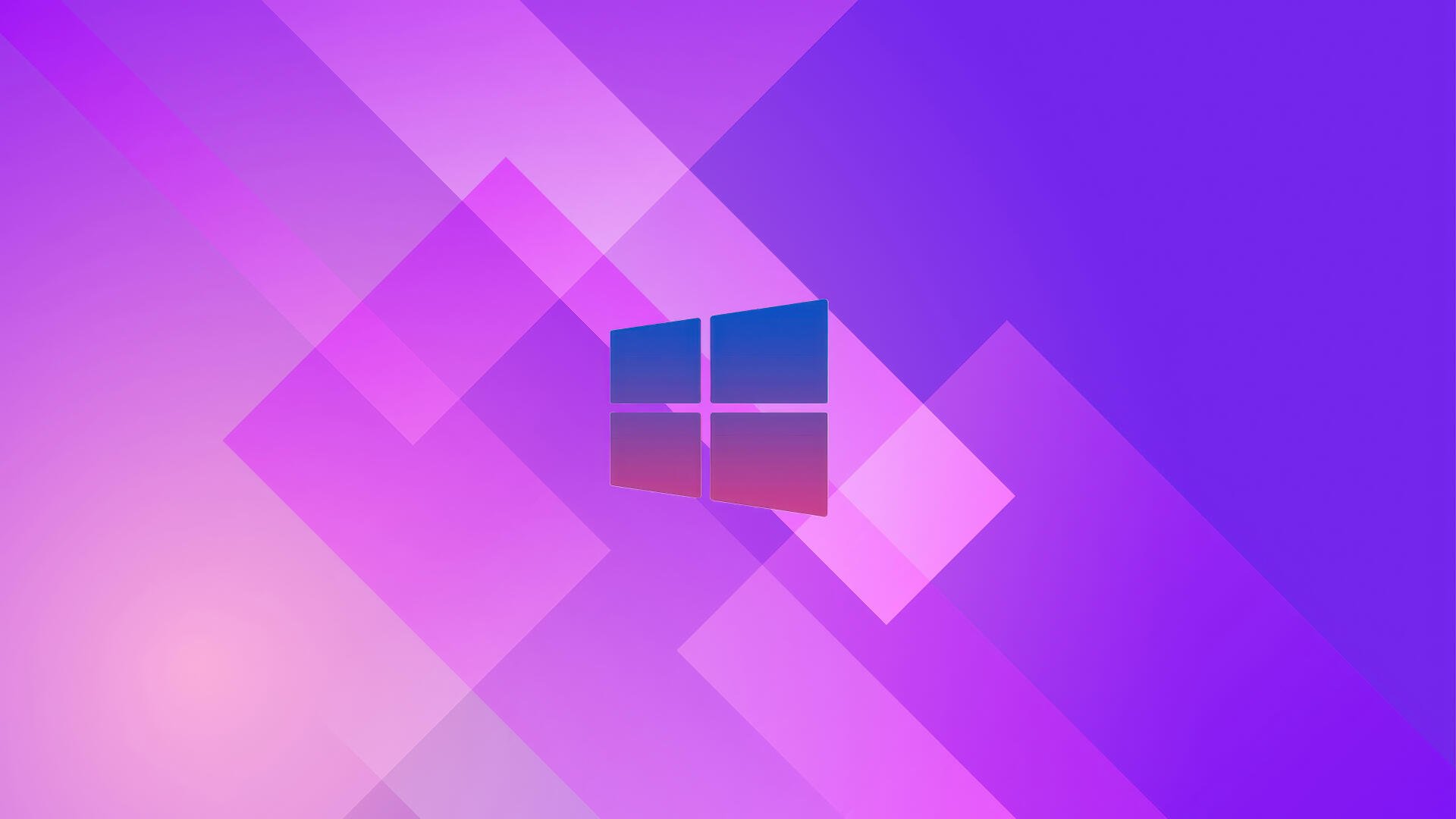 Windows 11 Microsoft 4K Ultra HD PC desktop wallpaper: translucent Windows logo centered on layered purple and pink geometric light panels.