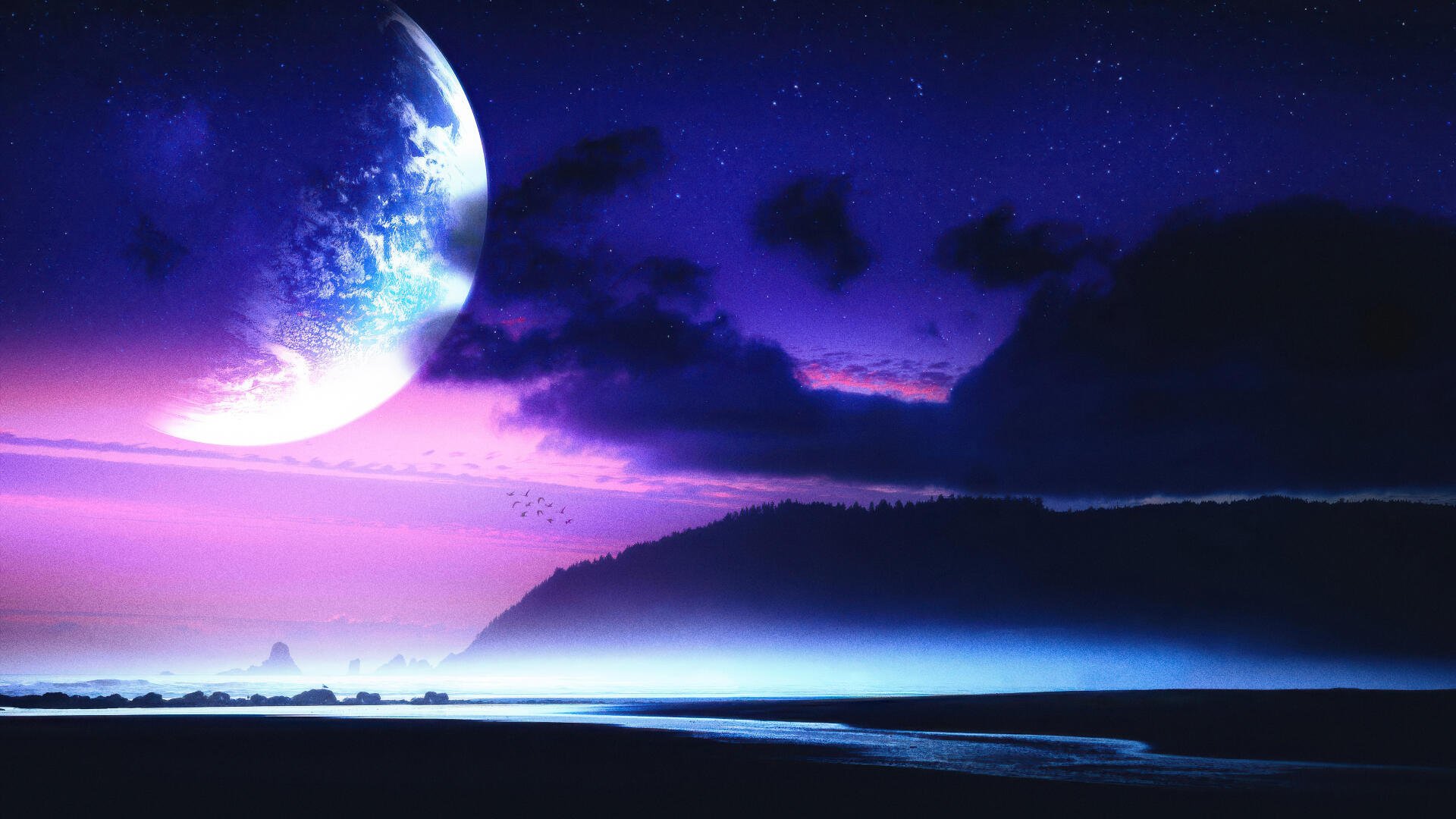 4K Ultra HD PC desktop wallpaper: mist-shrouded shoreline under a purple sky with a giant planet rising above the horizon.