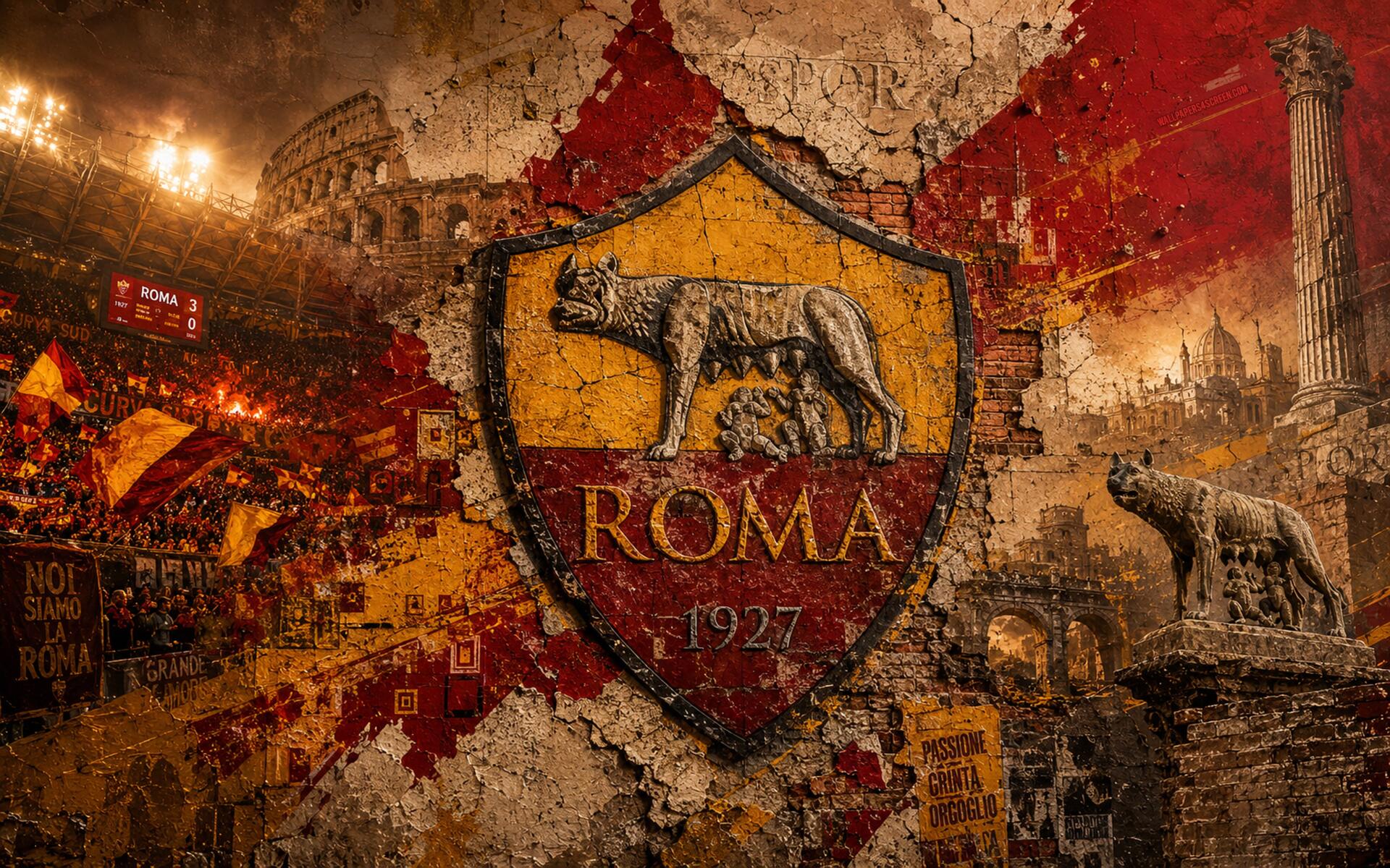 A.S. Roma crest and she-wolf over a weathered Rome collage with Colosseum and cheering fans in red and yellow — 4K Ultra HD PC desktop wallpaper/background.