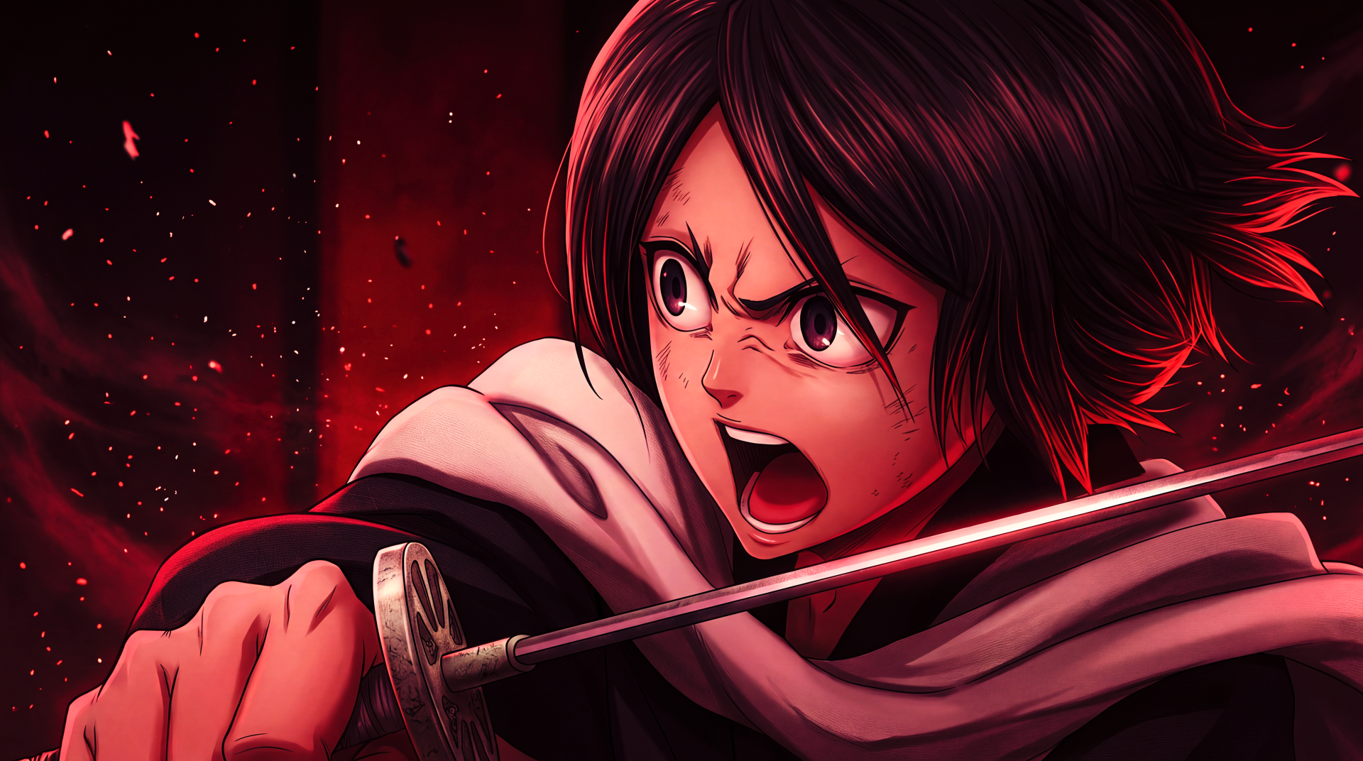 5K Ultra HD PC desktop wallpaper and background: fierce anime fighter with dark hair and cloak, sword raised, shouting against a blood-red, star-speckled backdrop.
