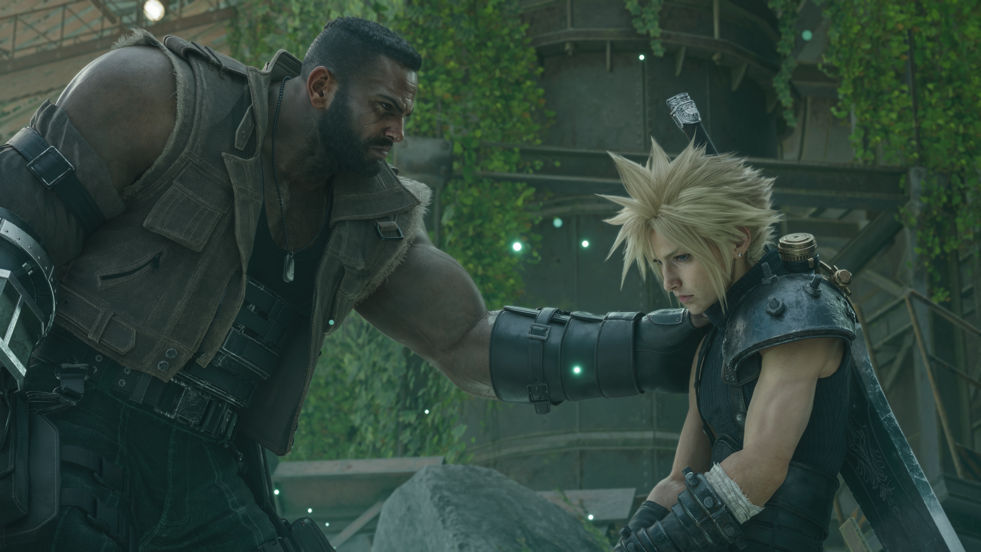 Final Fantasy VII Rebirth 4K Ultra HD PC wallpaper: Barret steadies a kneeling Cloud amid overgrown ruins as green motes drift around them.