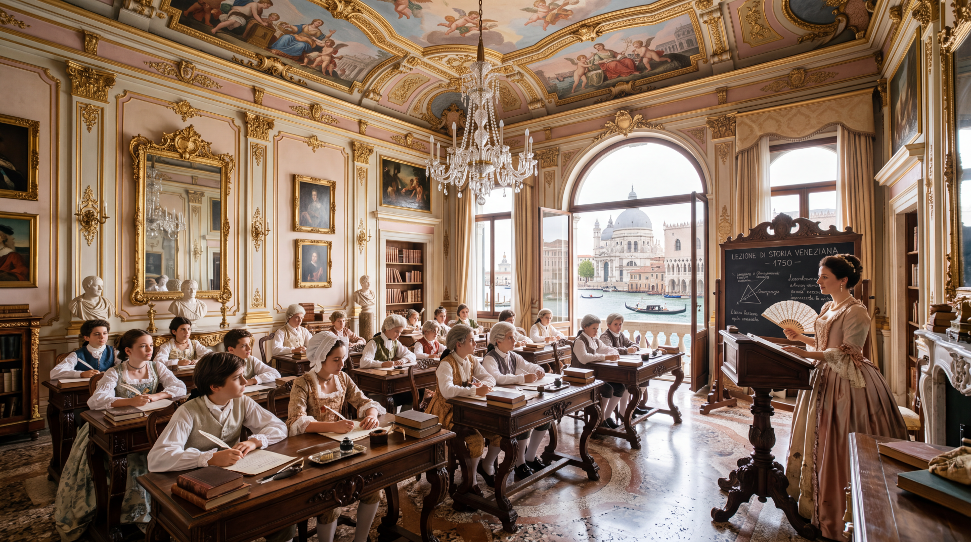 5K Ultra HD PC desktop wallpaper of a school aesthetic classroom: a Teacher instructs rows of Students at wooden desks beneath ornate ceilings and arched windows.