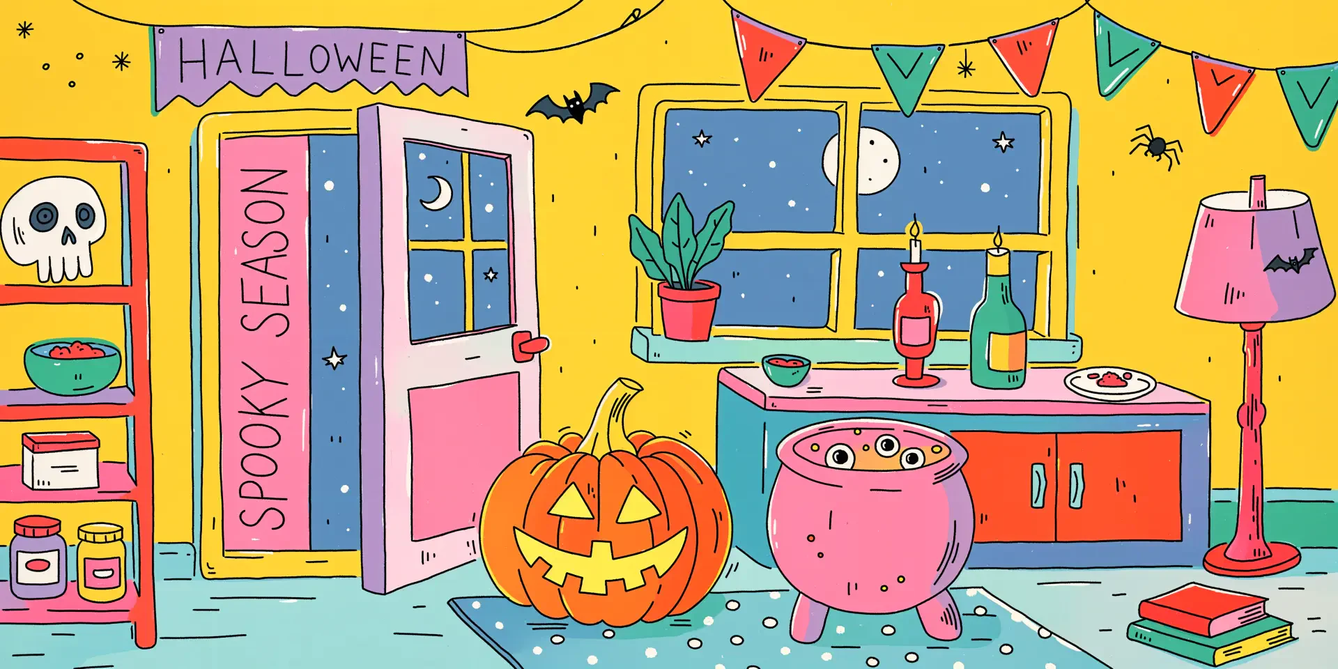 4K Ultra HD PC desktop wallpaper background: bright Halloween spooky season scene with a grinning carved pumpkin, bubbling pink cauldron, moonlit window, bats and festive bunting.