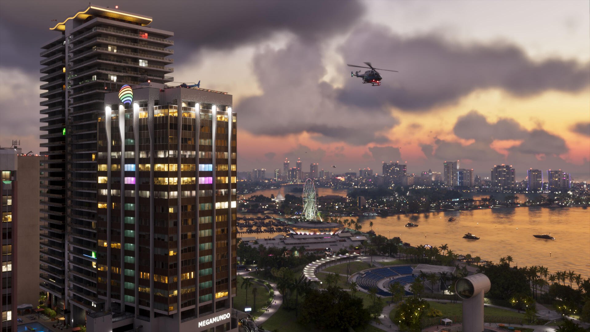 4K Ultra HD PC desktop wallpaper of a Grand Theft Auto VI/Vice City video game cityscape at dusk, lit skyscraper, waterfront and a helicopter.