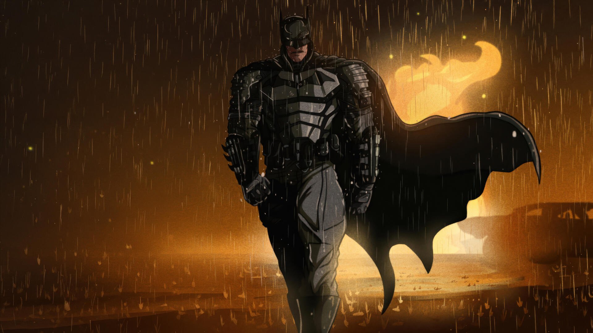 Digital art of Batman, the superhero, walking through rain with cape billowing and a glowing bat-symbol behind — 5K Ultra HD PC desktop wallpaper and background.
