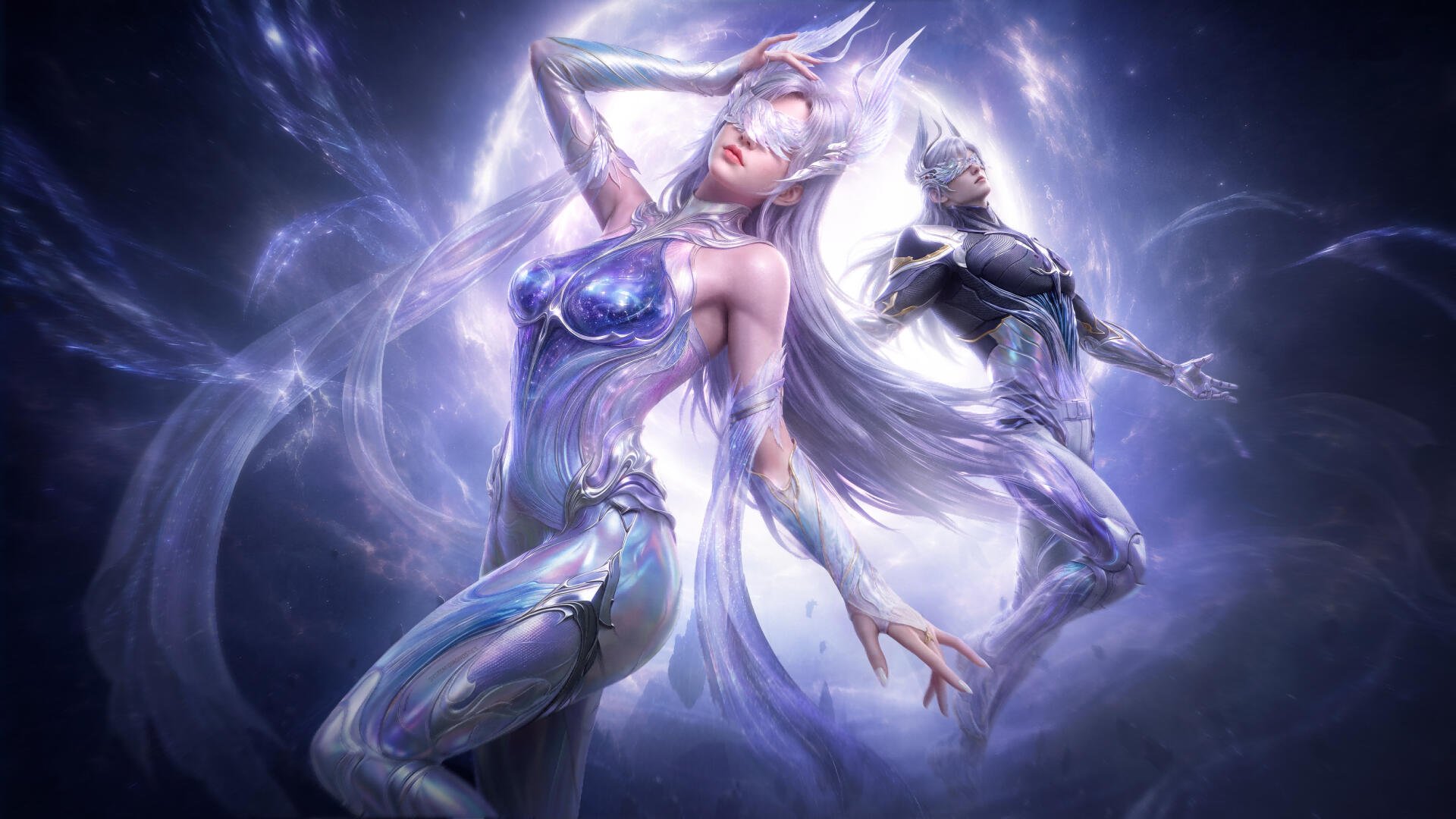 Once Human video game 5K Ultra HD PC desktop wallpaper and background: two ethereal silver-armored figures — a flowing-haired female and a masked companion — bathed in lunar cosmic light.