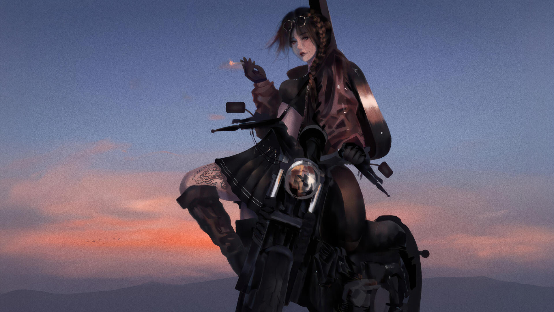 4K Ultra HD PC desktop wallpaper: girl biker perched on a motorcycle at dusk, warm sunset sky casting orange and purple hues.