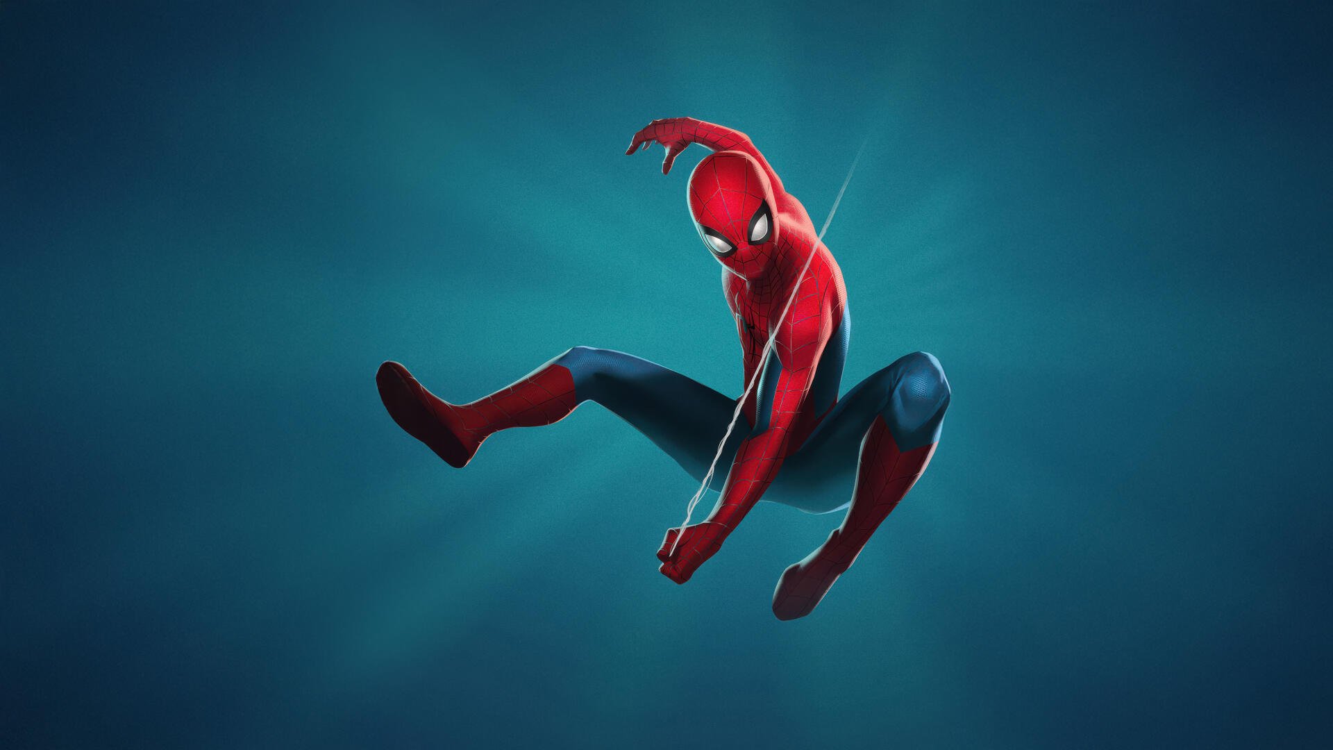 Spider-Man digital art in mid-swing against a teal gradient, dynamic superhero pose — 5K Ultra HD PC desktop wallpaper and background.