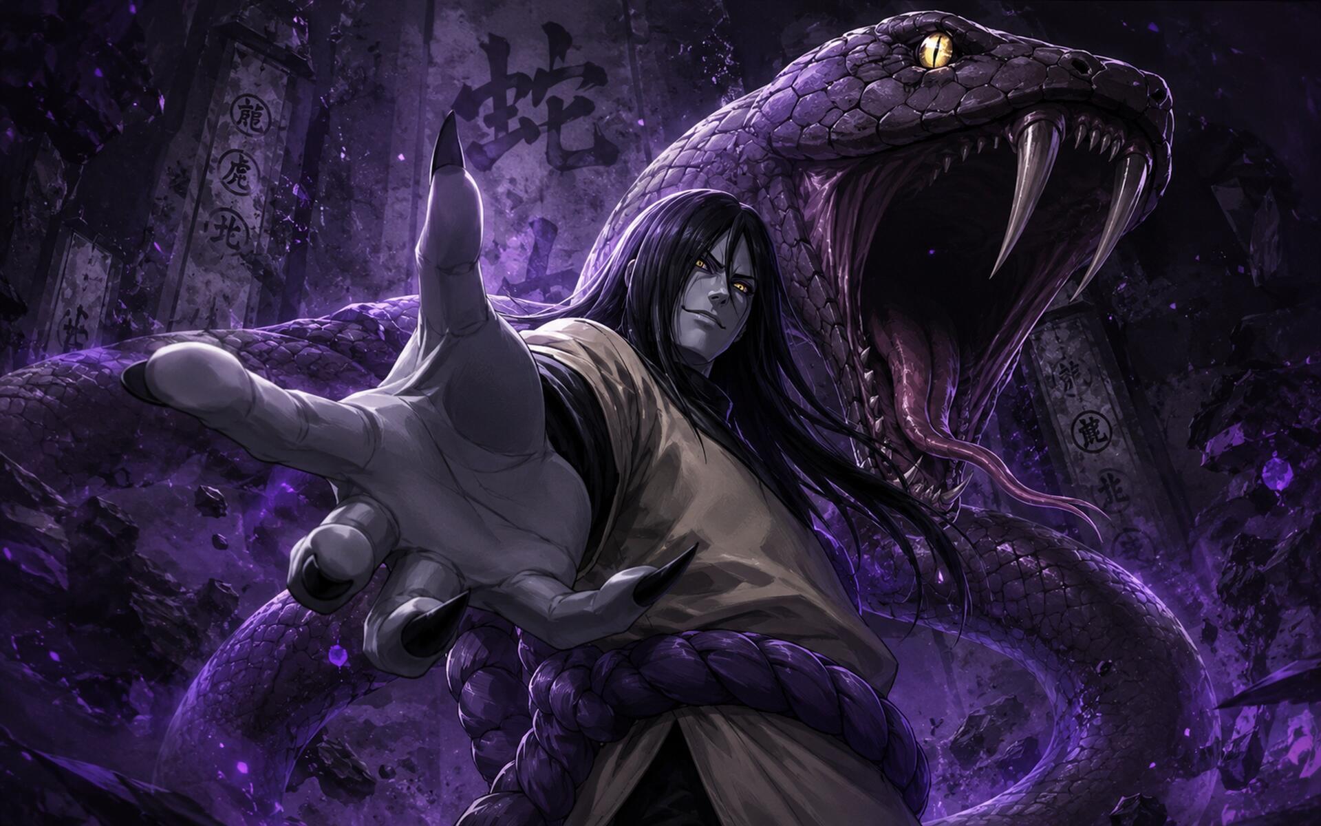 Orochimaru (Naruto) reaching forward as a giant purple snake coils behind him in a dark forest — dramatic anime 4K Ultra HD PC desktop wallpaper background.
