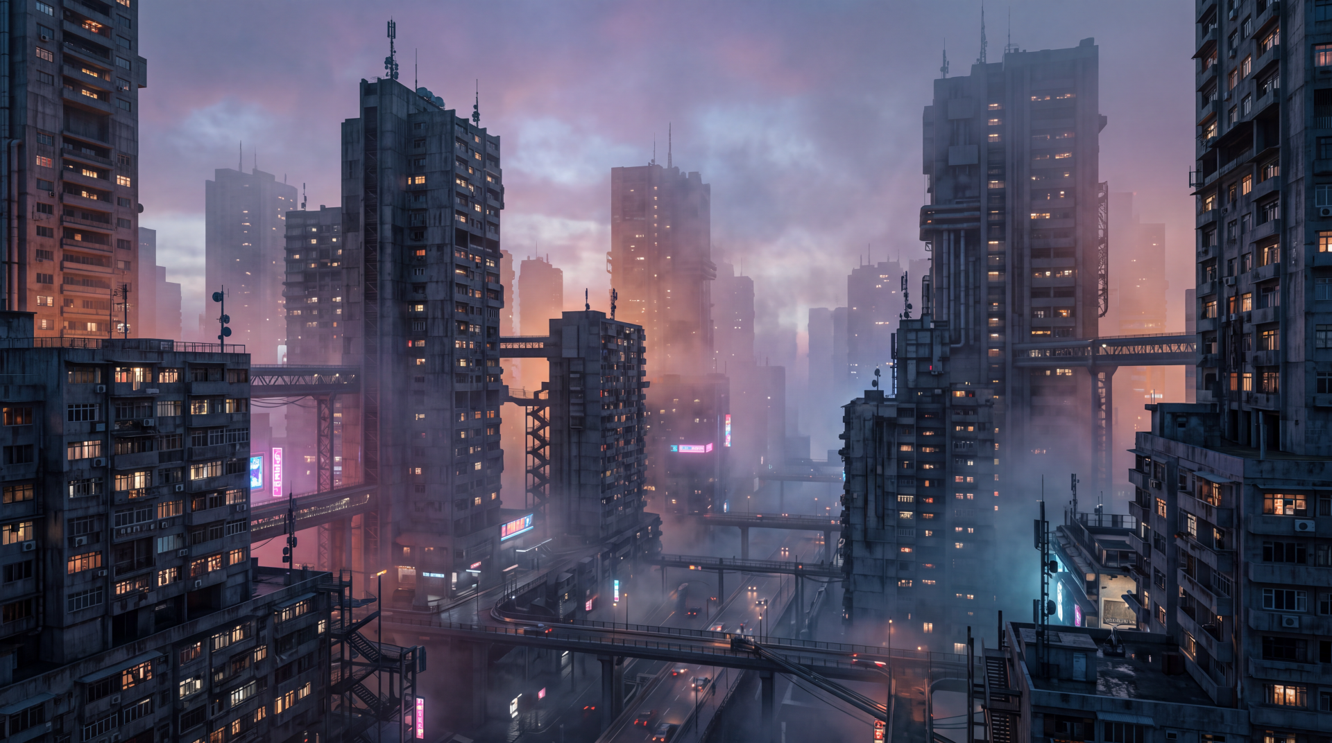 5K Ultra HD PC desktop wallpaper: moody concrete jungle cityscape with towering skyscrapers and layered skyline, neon lights and mist over bridges and waterways.