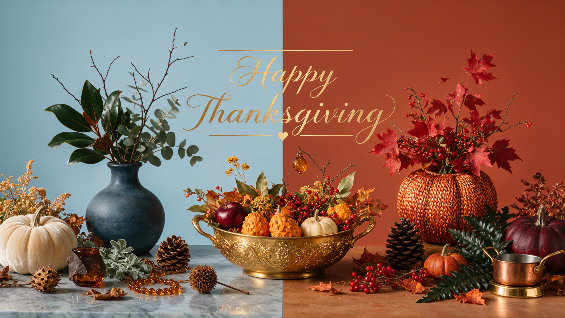 Aesthetic Thanksgiving still life 4K UHD desktop wallpaper: split blue and rust backdrop with pumpkins, gourds, autumn leaves, pinecones and a Happy Thanksgiving script.