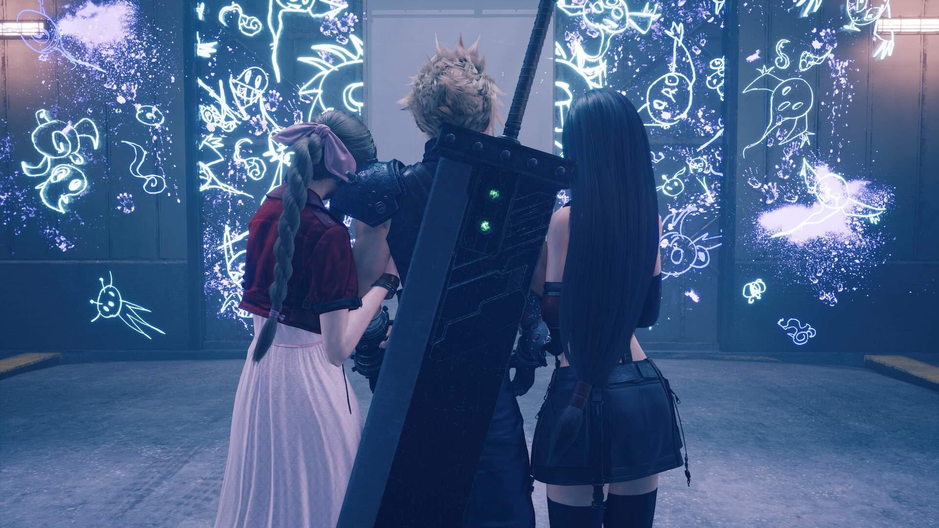 HD PC desktop wallpaper of Final Fantasy trio, Cloud Strife with Buster Sword between Tifa Lockhart and Aerith Gainsborough in a neon-lit room with glowing sketches.
