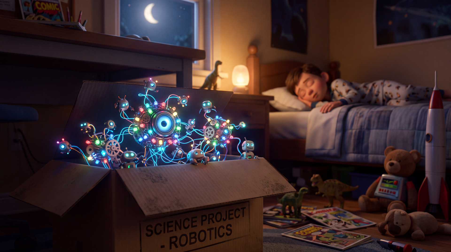5K Ultra HD PC desktop wallpaper/background of a toy science robotics kit glowing with neon circuits spilling from a box on the bedroom floor as a child sleeps.