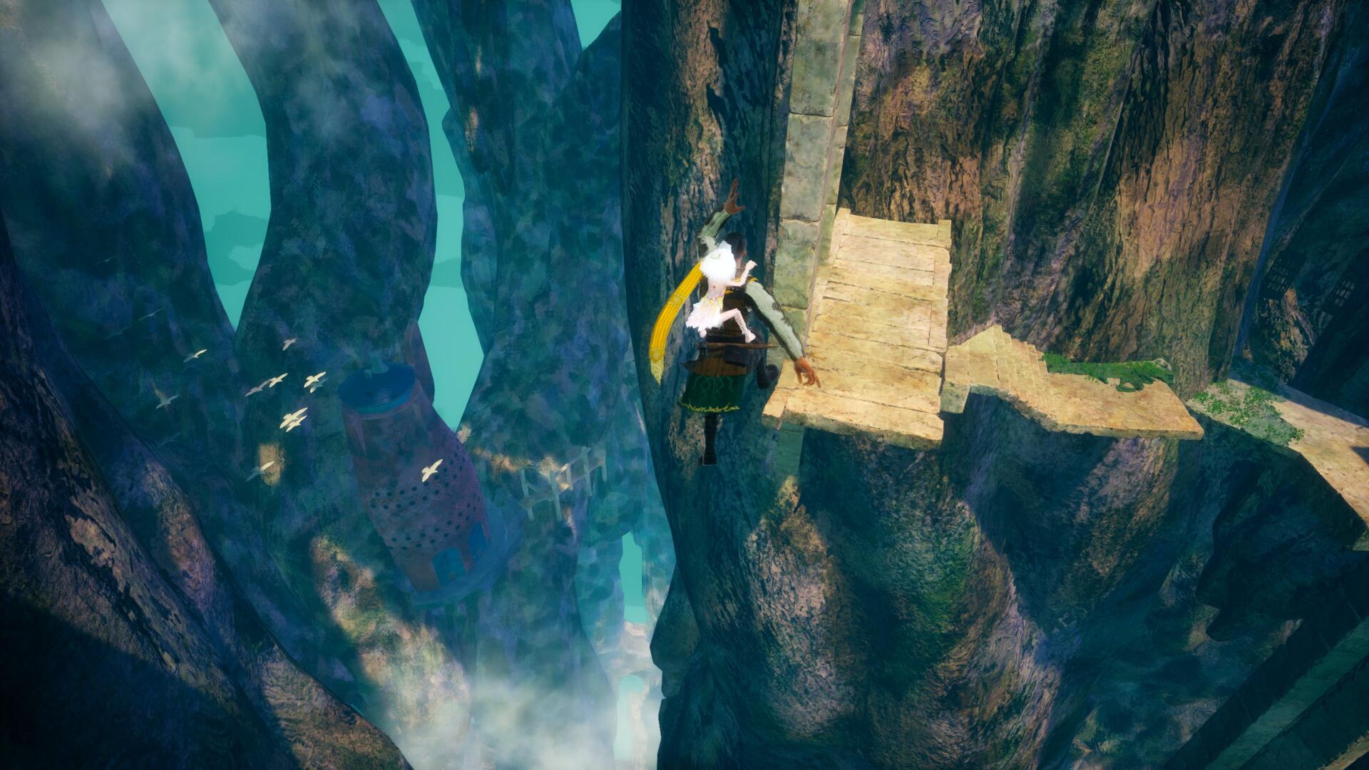 4K Ultra HD PC desktop wallpaper Where the Seeds Fall — a lone glider sails between towering canyon cliffs toward a rickety wooden bridge above swirling mist.