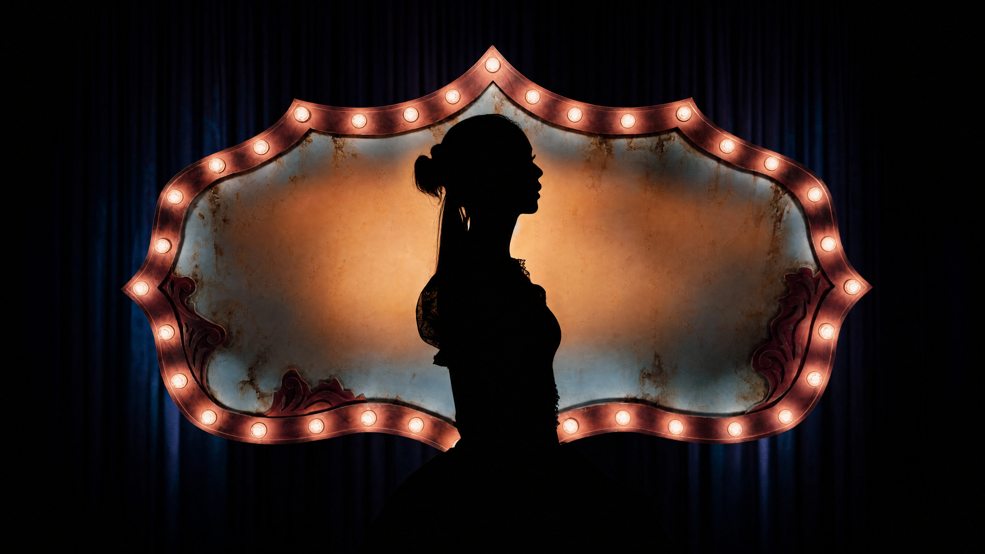 Silhouette of a woman on stage before an illuminated marquee, CLICK tag visible; 4K Ultra HD PC desktop wallpaper/background.