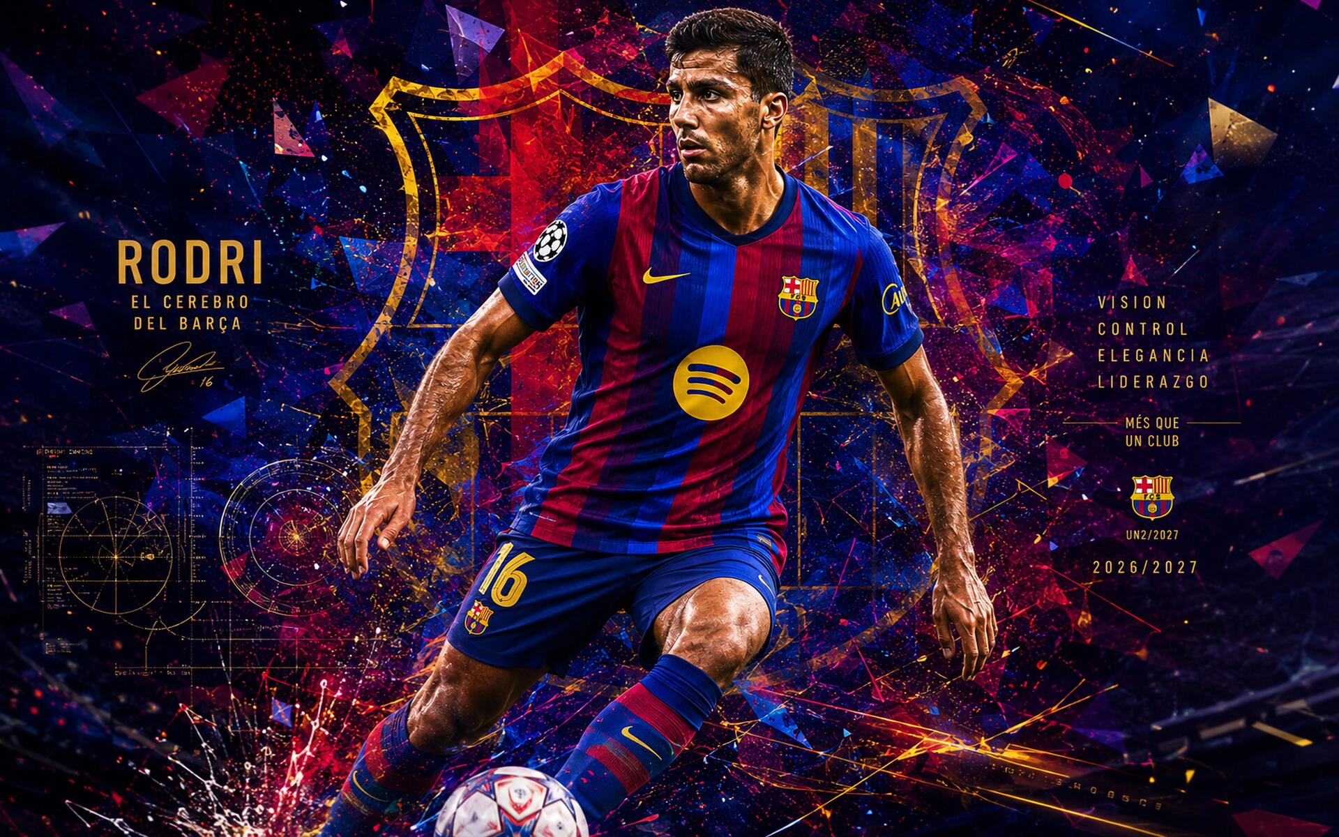 4K desktop wallpaper of a soccer player in FC Barcelona kit sprinting with the ball amid dynamic, explosive neon graphic effects.