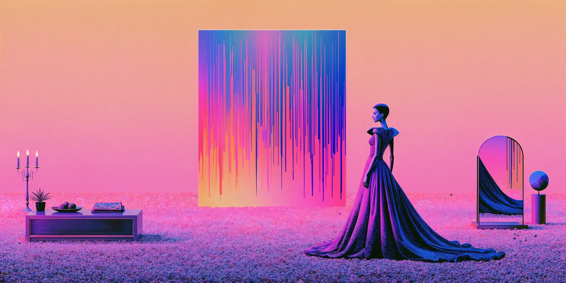 4K Ultra HD PC desktop wallpaper: woman in a flowing purple fashion dress stands before a vertical luminous abstract portal on a pink-orange background.