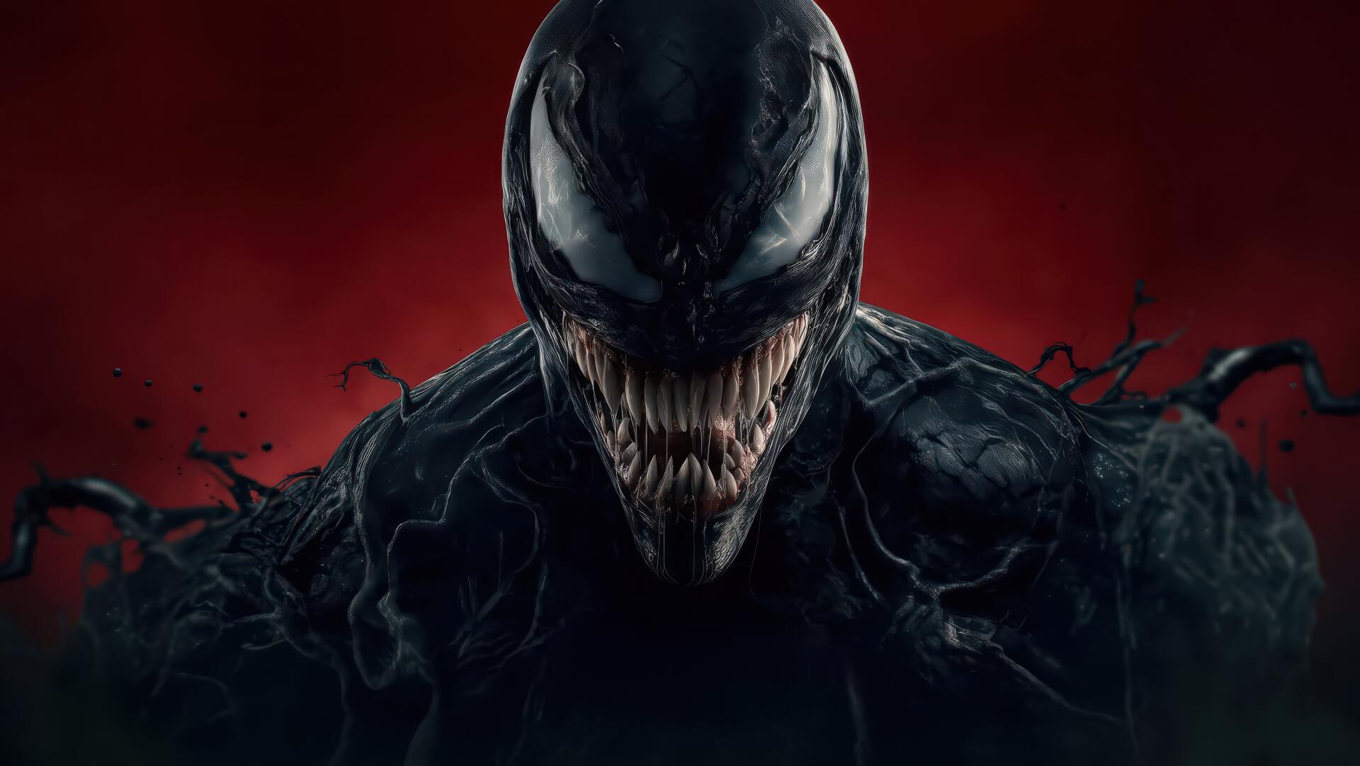 Digital art 4K Ultra HD PC desktop wallpaper and background: Venom’s menacing black symbiote form with glossy white eyes, razor teeth and writhing tendrils on a blood-red backdrop.