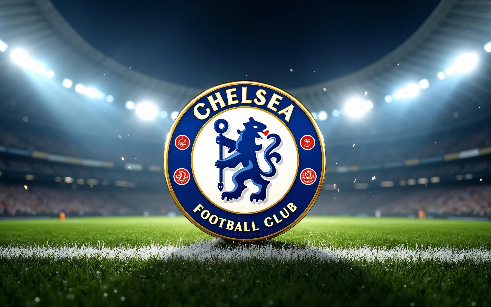 Chelsea F.C. logo on a floodlit soccer stadium pitch, 4K Ultra HD PC desktop wallpaper background conveying the club's soccer sports atmosphere.