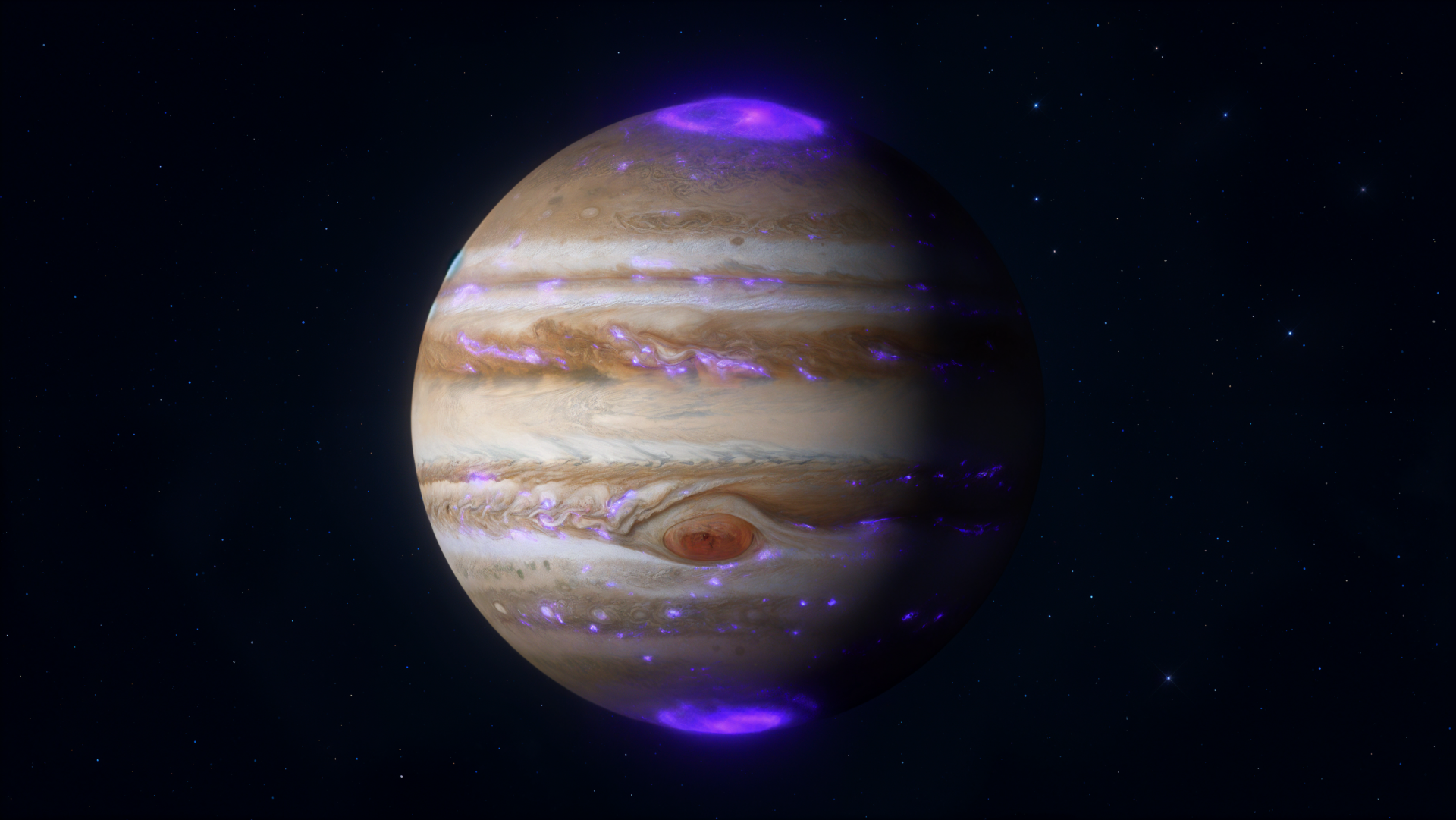 4K Ultra HD PC desktop wallpaper of Jupiter with cloud bands, the Great Red Spot, and vivid purple auroras at its poles against a starry black background.