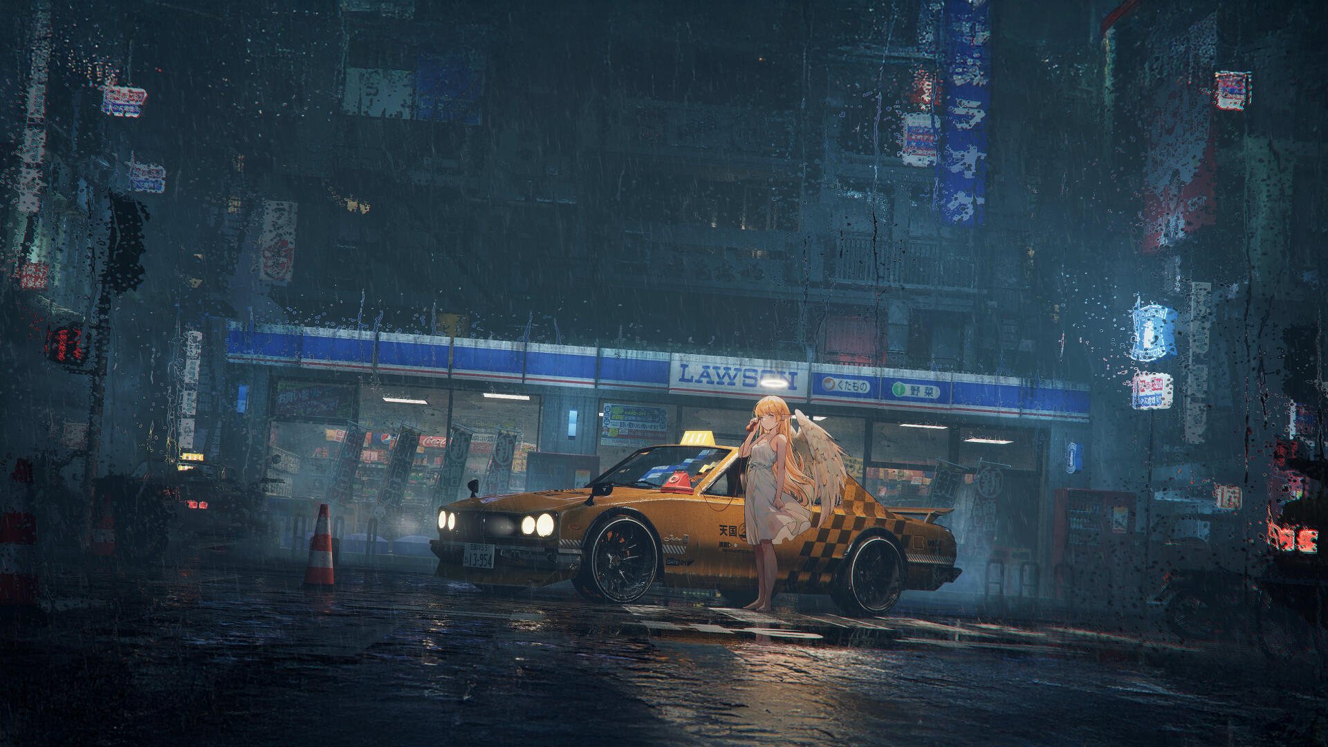 5K Ultra HD PC Desktop Wallpaper and Background: angel girl in rain beside a yellow taxi under neon lights on a wet, reflective city street.