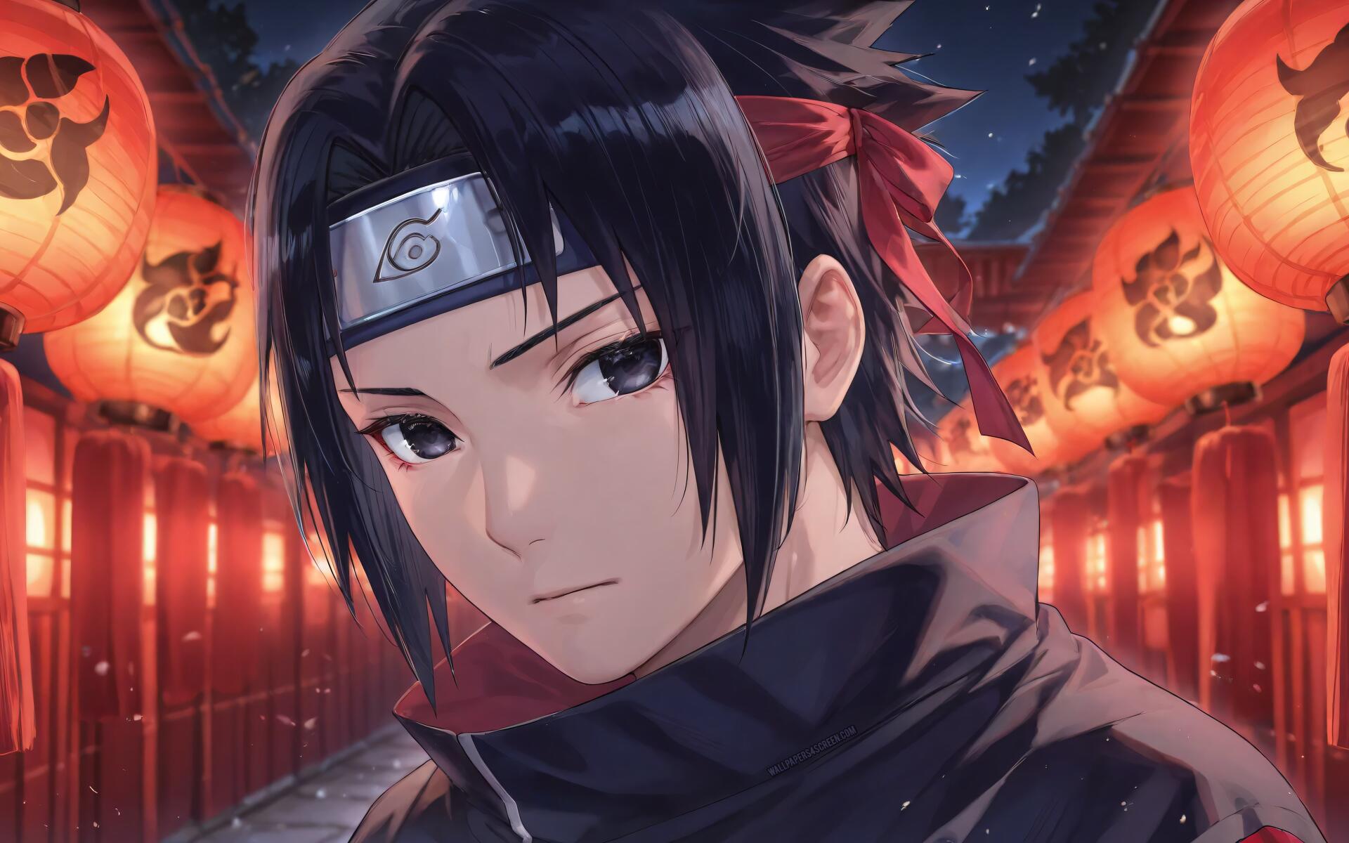 Sasuke Uchiha (Naruto) 4K Ultra HD PC desktop wallpaper: close-up at night beneath glowing red lanterns, wearing his Konoha headband and dark cloak, calm, serious expression.