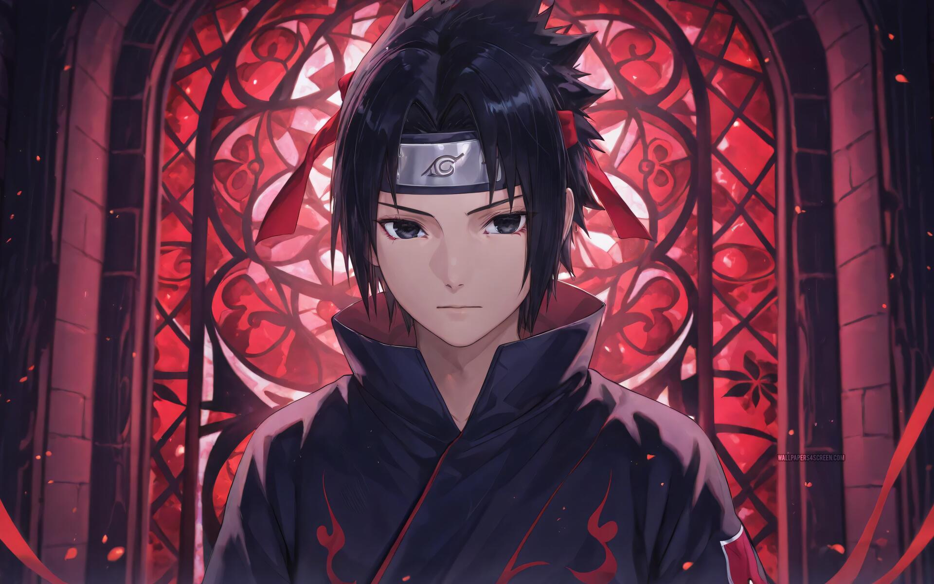 4K Ultra HD PC desktop wallpaper of Sasuke Uchiha (Naruto): solemn, dark-cloaked figure framed by a glowing red stained-glass window.