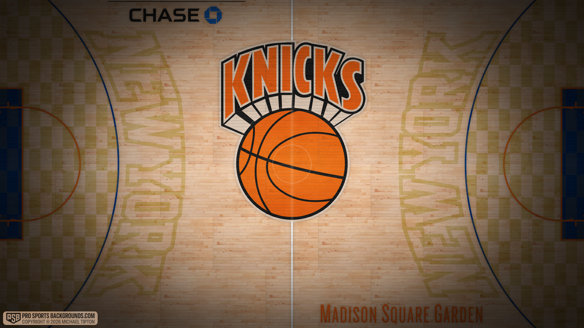 New York Knicks logo at center court on a polished NBA hardwood floor with Madison Square Garden markings — 4K Ultra HD PC desktop wallpaper/background.