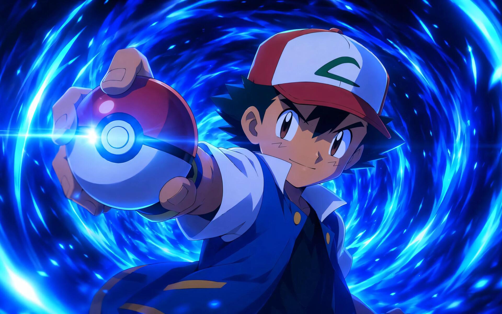 Ash Ketchum from the Pokémon anime thrusts a Poké Ball toward the viewer against a swirling blue energy vortex — 4K Ultra HD PC desktop wallpaper/background.