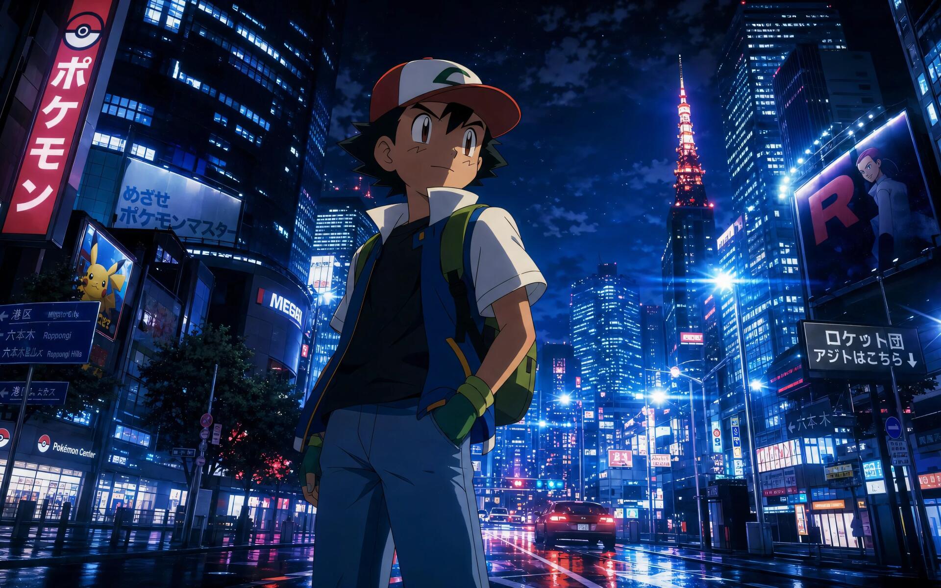 Ash Ketchum (Pokemon anime) stands in a neon-lit city at night — 4K Ultra HD PC desktop wallpaper/background.