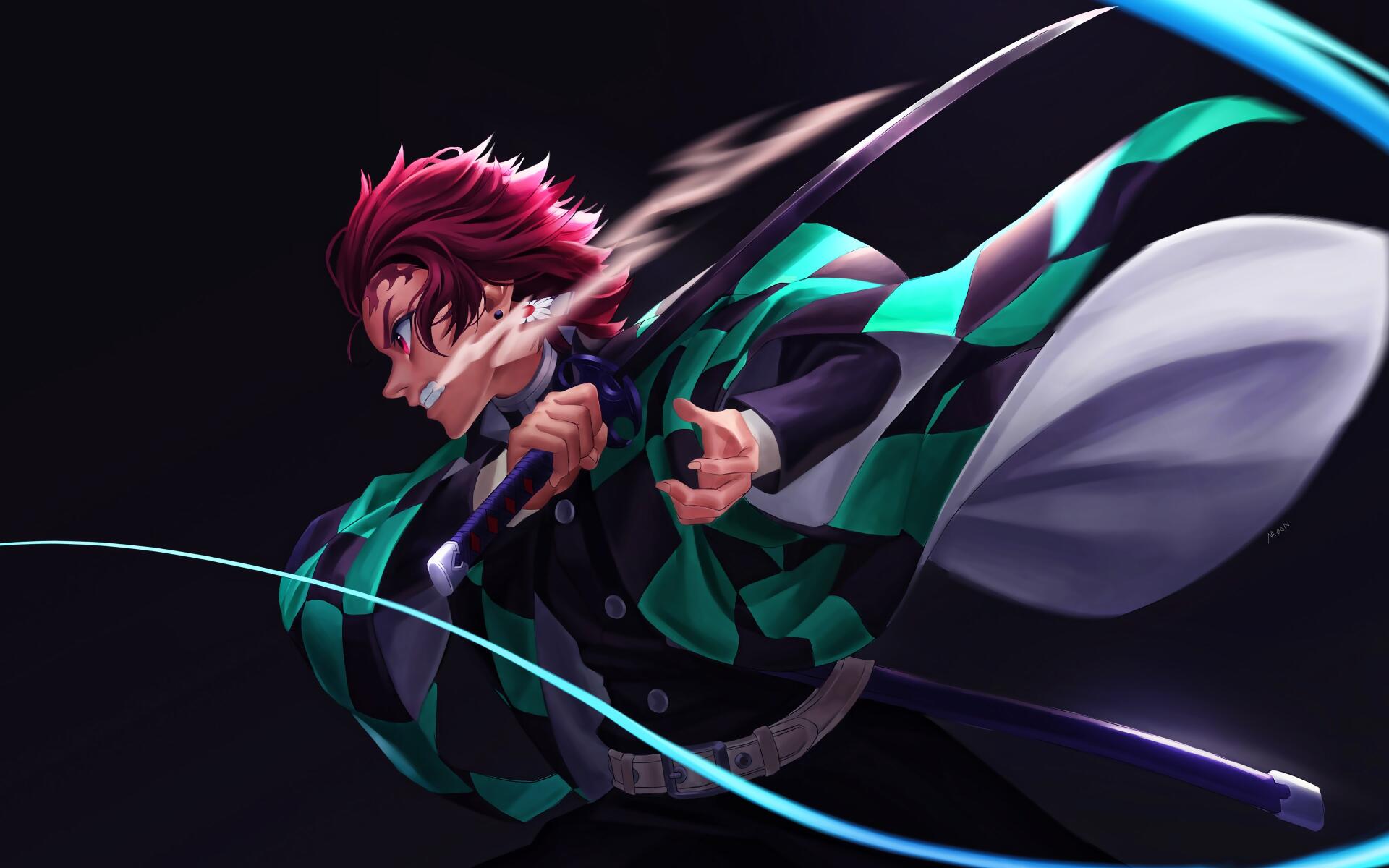 Tanjiro Kamado (anime) mid-swing with his blade, green‑black checkered haori and swirling blue water effects on a dark backdrop — 4K Ultra HD PC desktop wallpaper/background.