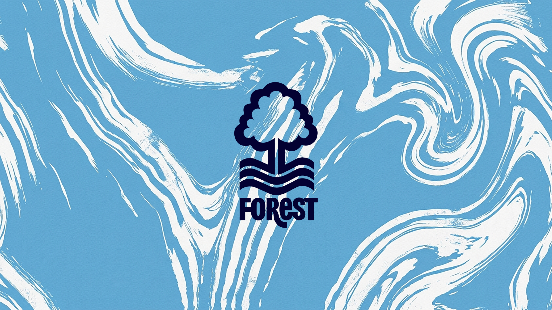 Nottingham Forest F.C. logo centered on light blue and white marbled swirls — 2K Quad HD PC desktop wallpaper/background.
