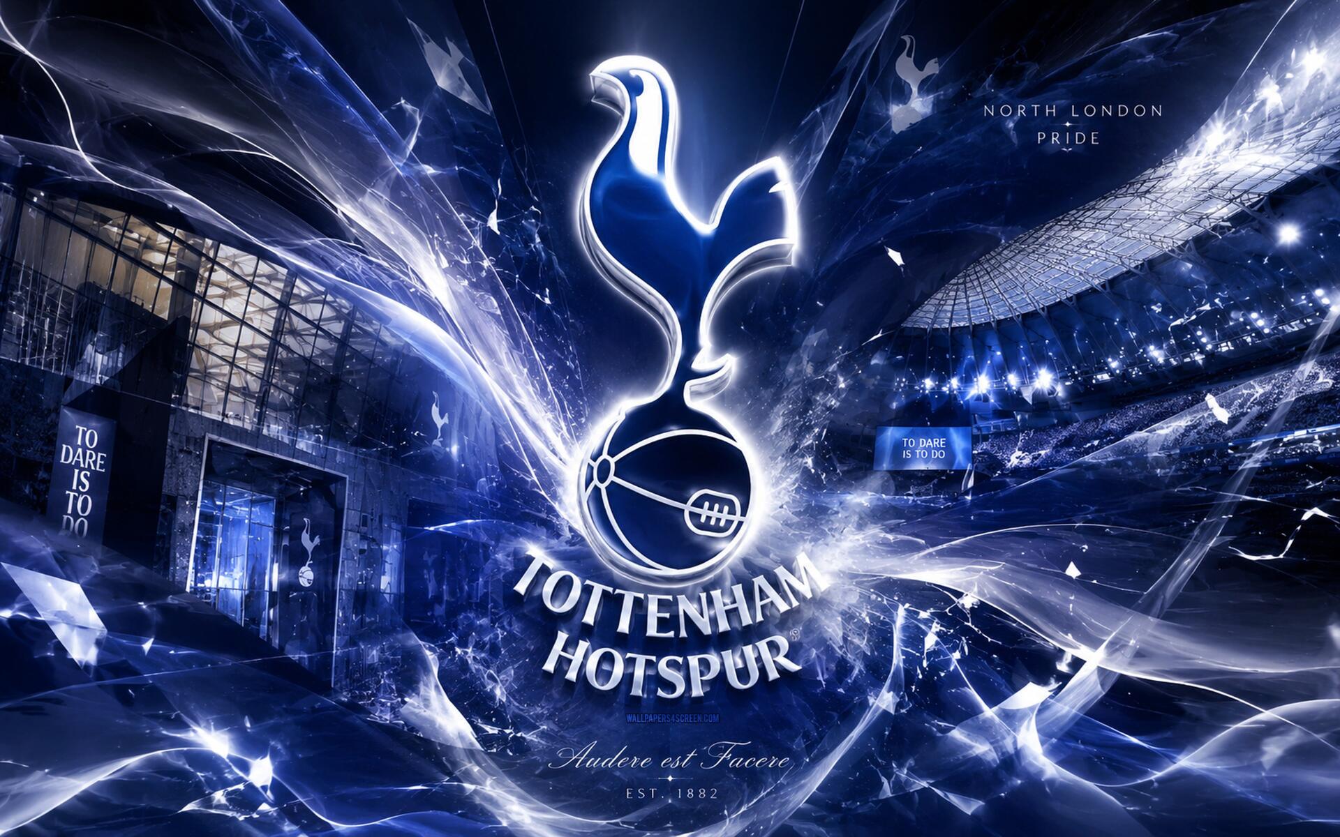 Glowing Tottenham Hotspur F.C. logo centered on a dynamic blue 4K Ultra HD PC desktop wallpaper with stadium lights and electric light streaks.